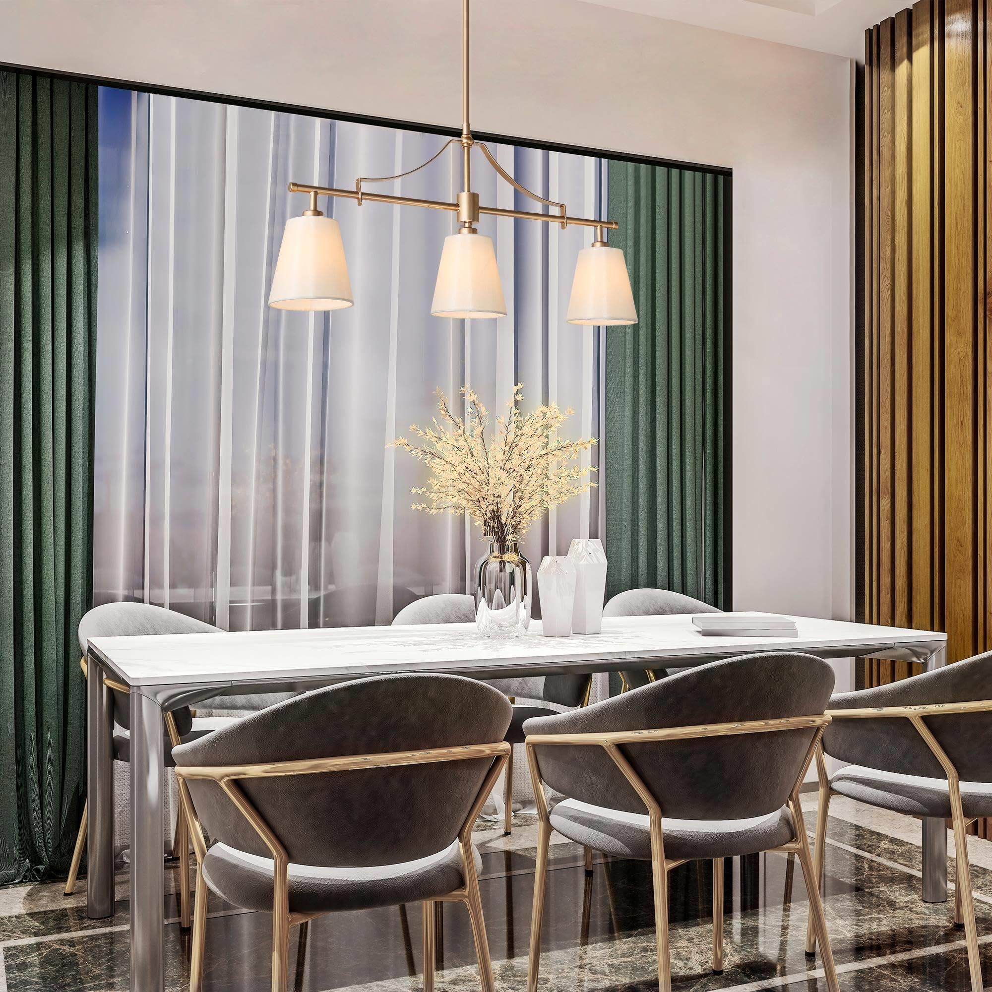 Modern 3-Light Gold Chandelier with Fabric Shades - Linear Island Lighting Fixture for Dining Room, Kitchen, Bedroom & Living Room | Elegant Home Decor & Ambient Lighting Solution