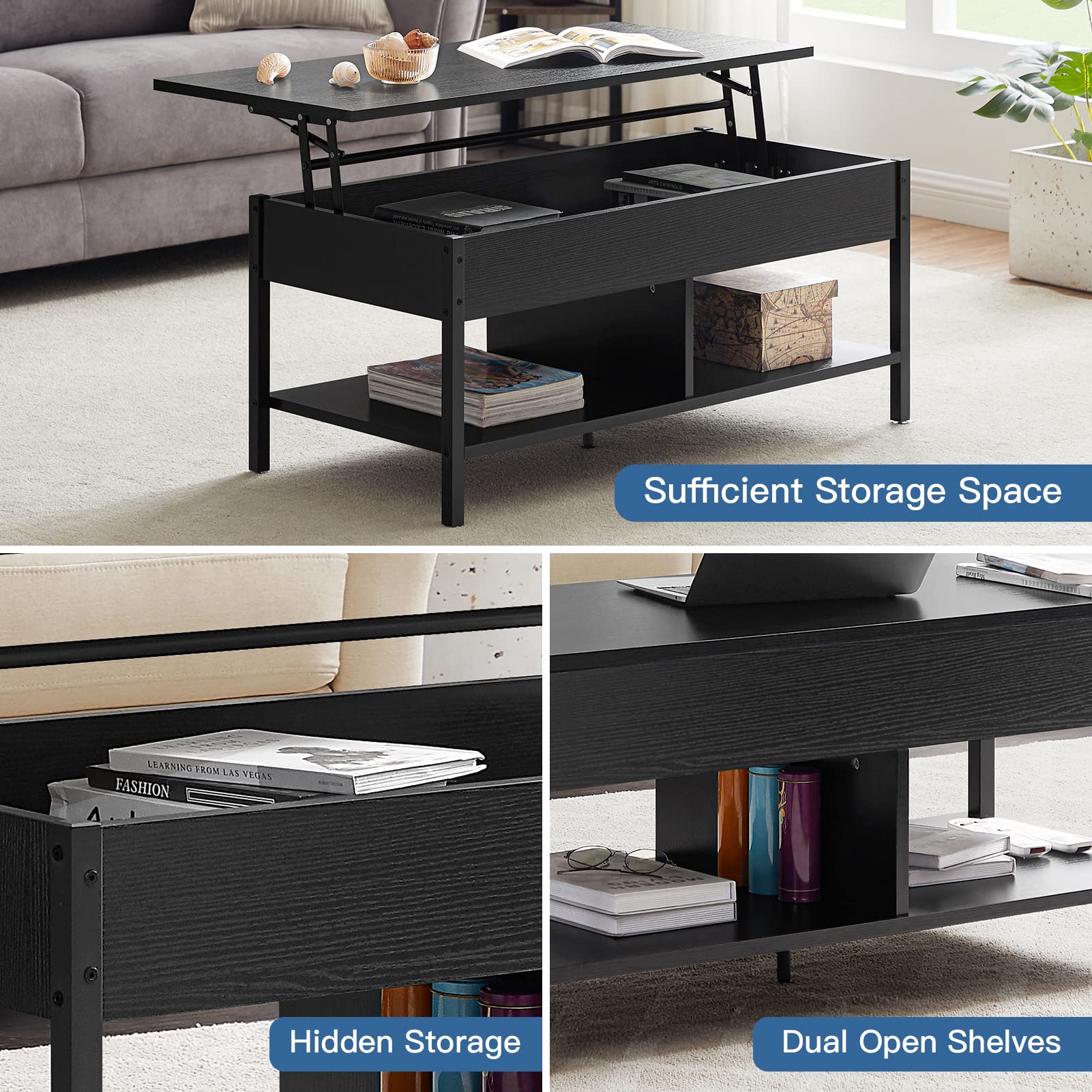 Modern Lift-Top Coffee Table with Storage & Lower Shelf - Sofa Table for Living Room, Black & White Wooden Design - Perfect for Small Spaces, Home Office & Apartment Decor