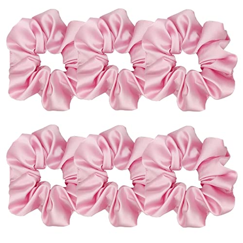 6 Pcs Satin Silk Hair Scrunchies - Soft Hair Ties & Ponytail Holders for Women & Girls, Fashion Hair Bands & Bow Ropes (4.2 Inch, Pink) - Perfect for Work, Gym, Party & Everyday Use