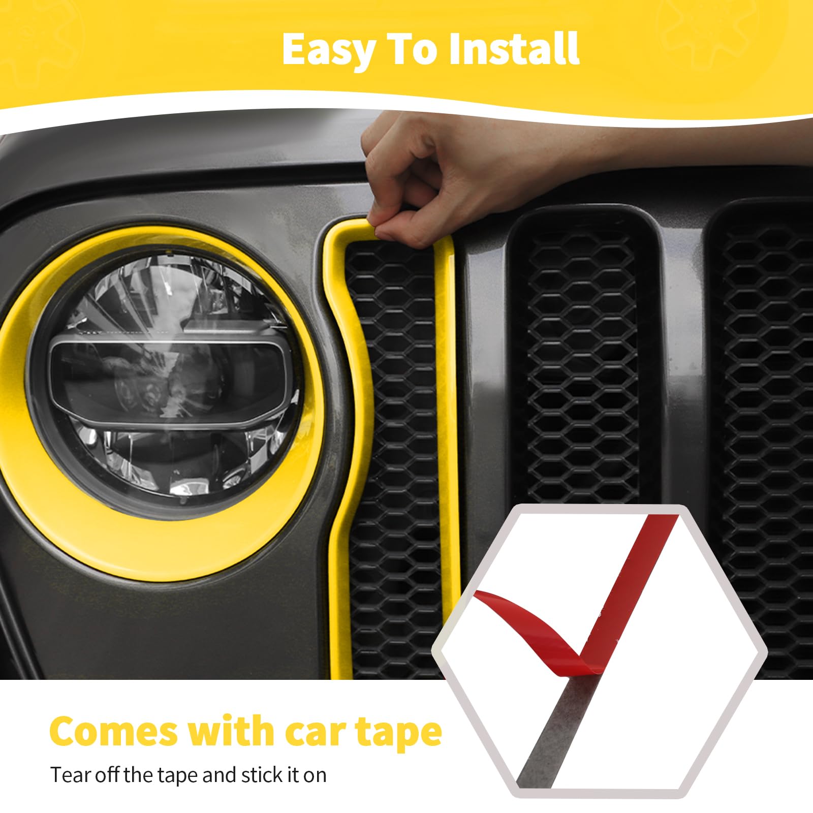 RT-TCZ Jeep Wrangler JL/JLU (2018-2022) Mesh Front Grille Insert with Headlight Covers - 9-Piece Yellow Exterior Accessory Kit for Off-Road Protection & Style Enhancement | Perfect for Trail Riding, Urban Driving & Jeep Customization