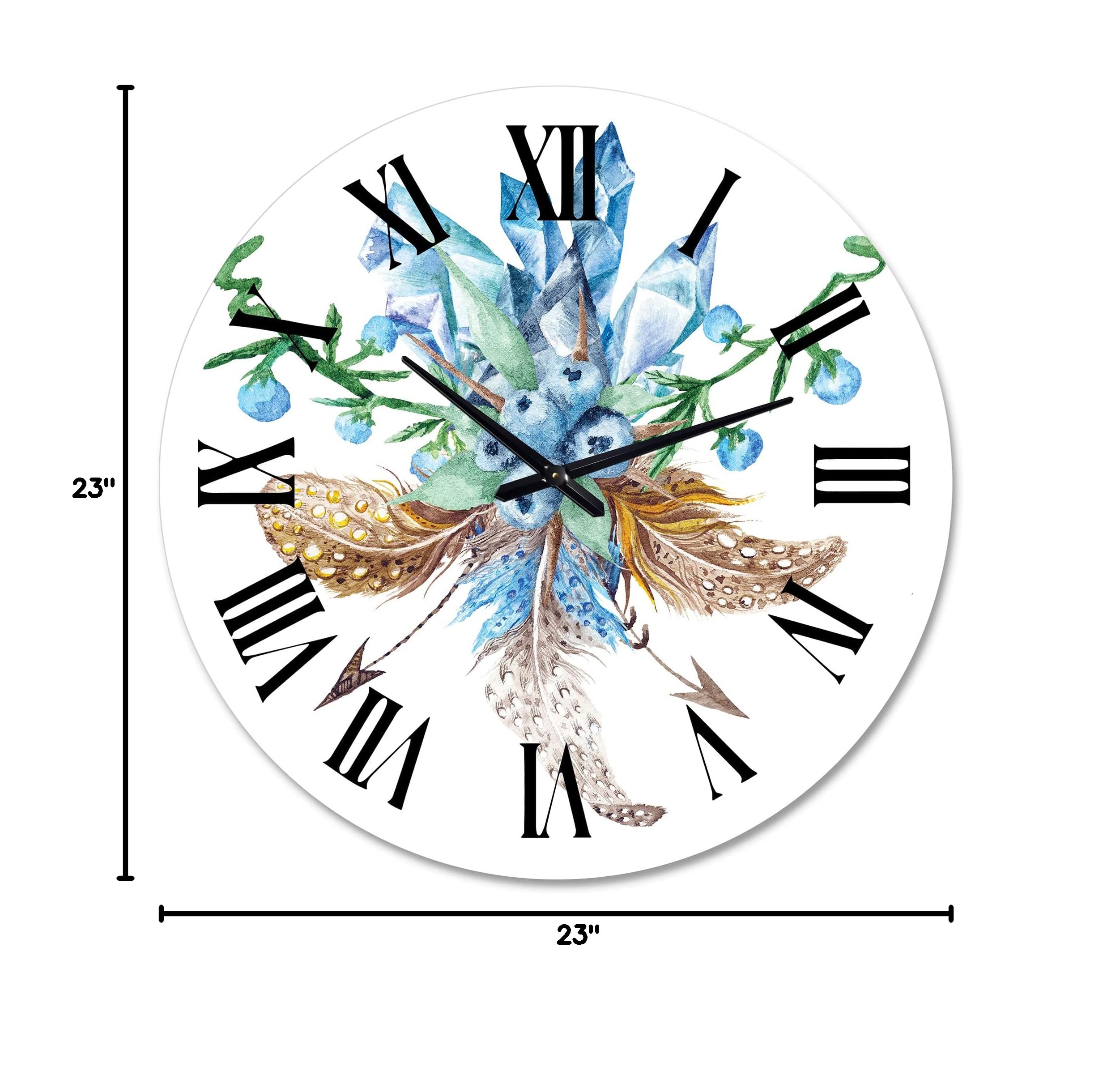 Fresh Tribal Vignette Wild Forest Wreath Design Large Wall Clock - Floral & Botanical Decor for Living Room, Bedroom, Office | Silent Non-Ticking Traditional Clock for Home & Workspace