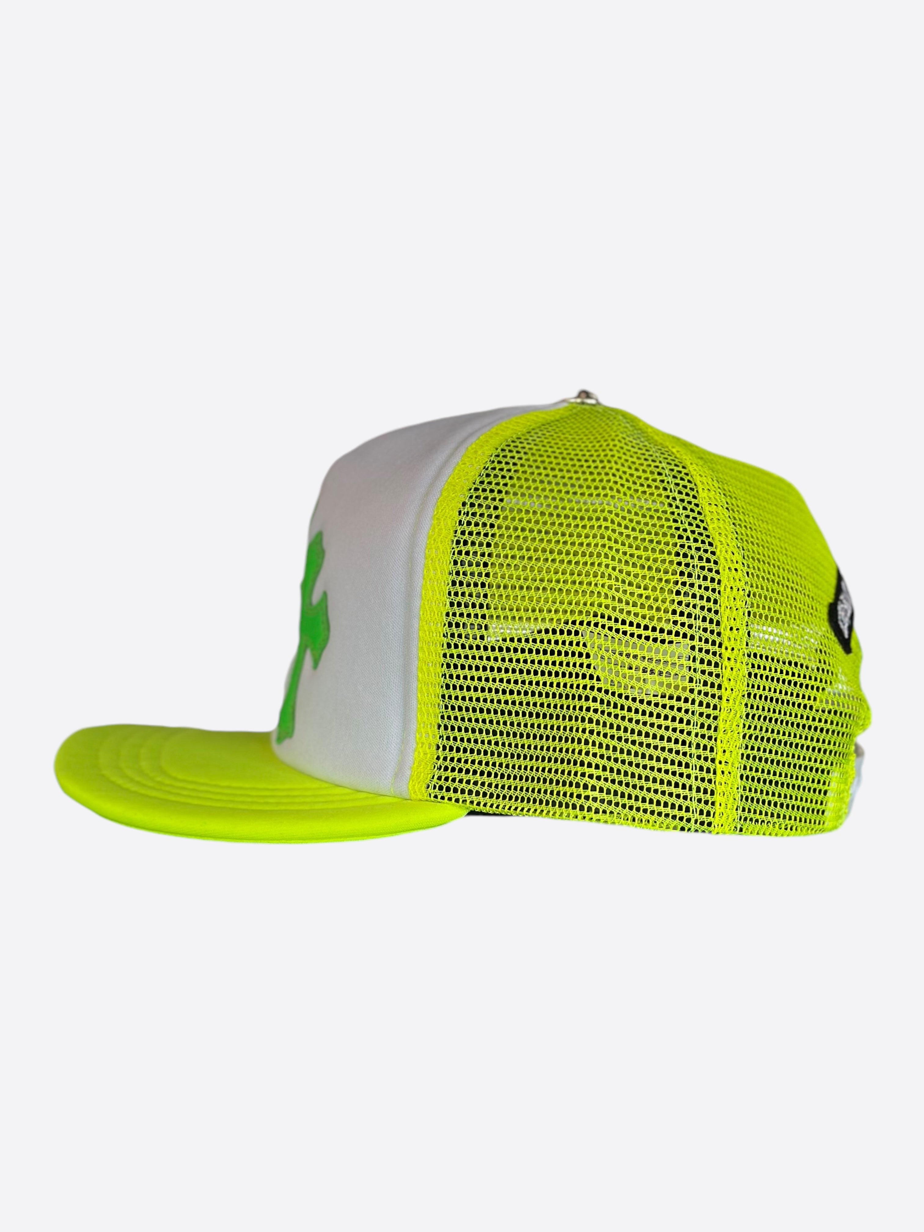 Chrome Hearts Neon Yellow Cemetery Cross Patch Trucker Hat - Stylish Embroidered Snapback Cap for Men & Women - Perfect for Streetwear, Concerts, and Outdoor Adventures