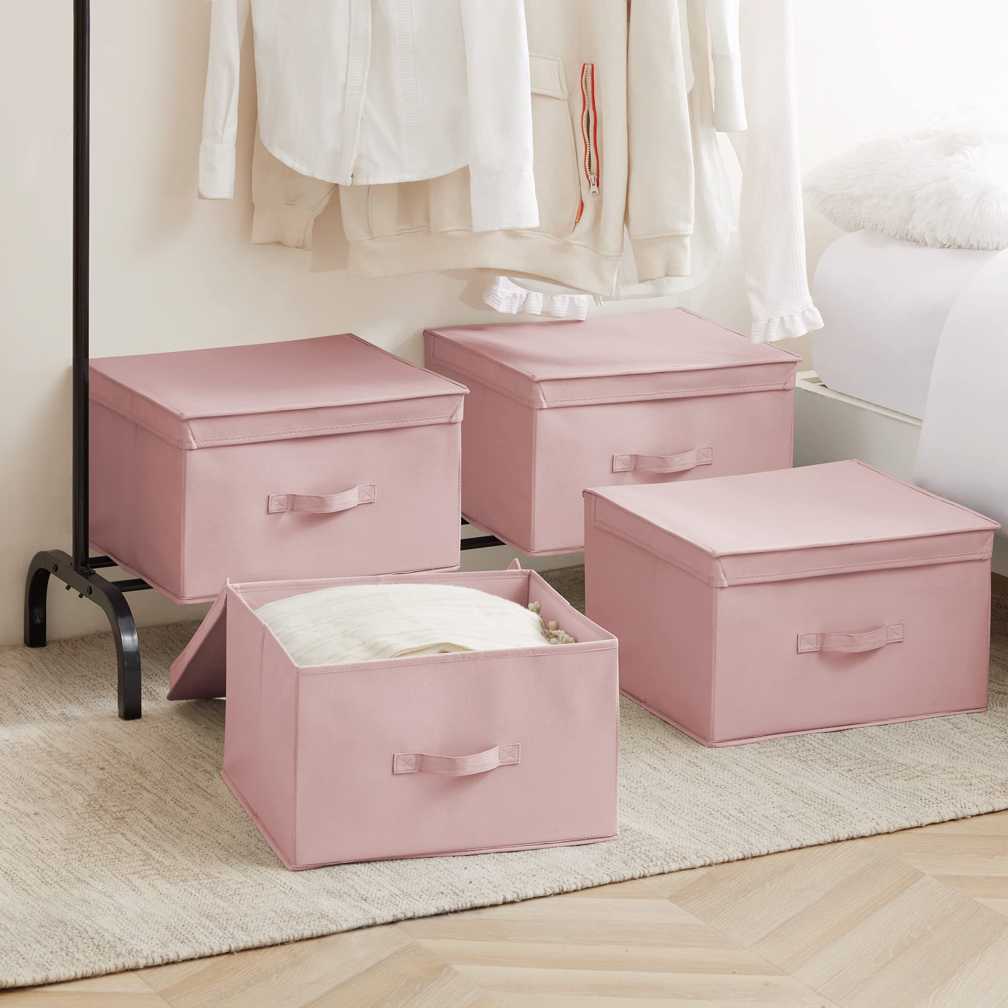 DormCo TUSK® Jumbo Storage Box 4-Pack - Rose Quartz | Large Plastic Bins for Closet, Dorm Room & Home Organization | Stackable Storage Containers for Clothes, Toys & Bedding