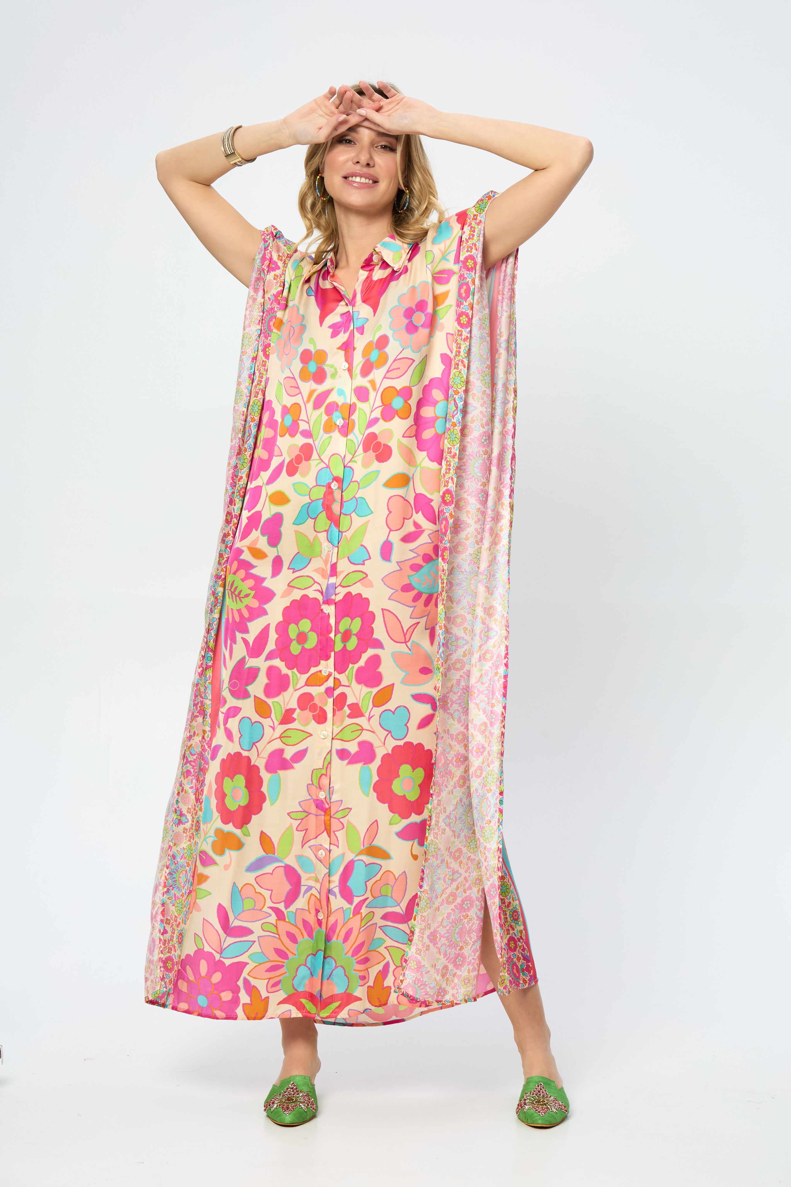 Stylish Multicolored Floral Print Collared Kaftan Dress for Women | Beach Cover Up, Summer Vacation, Boho Chic Outfit