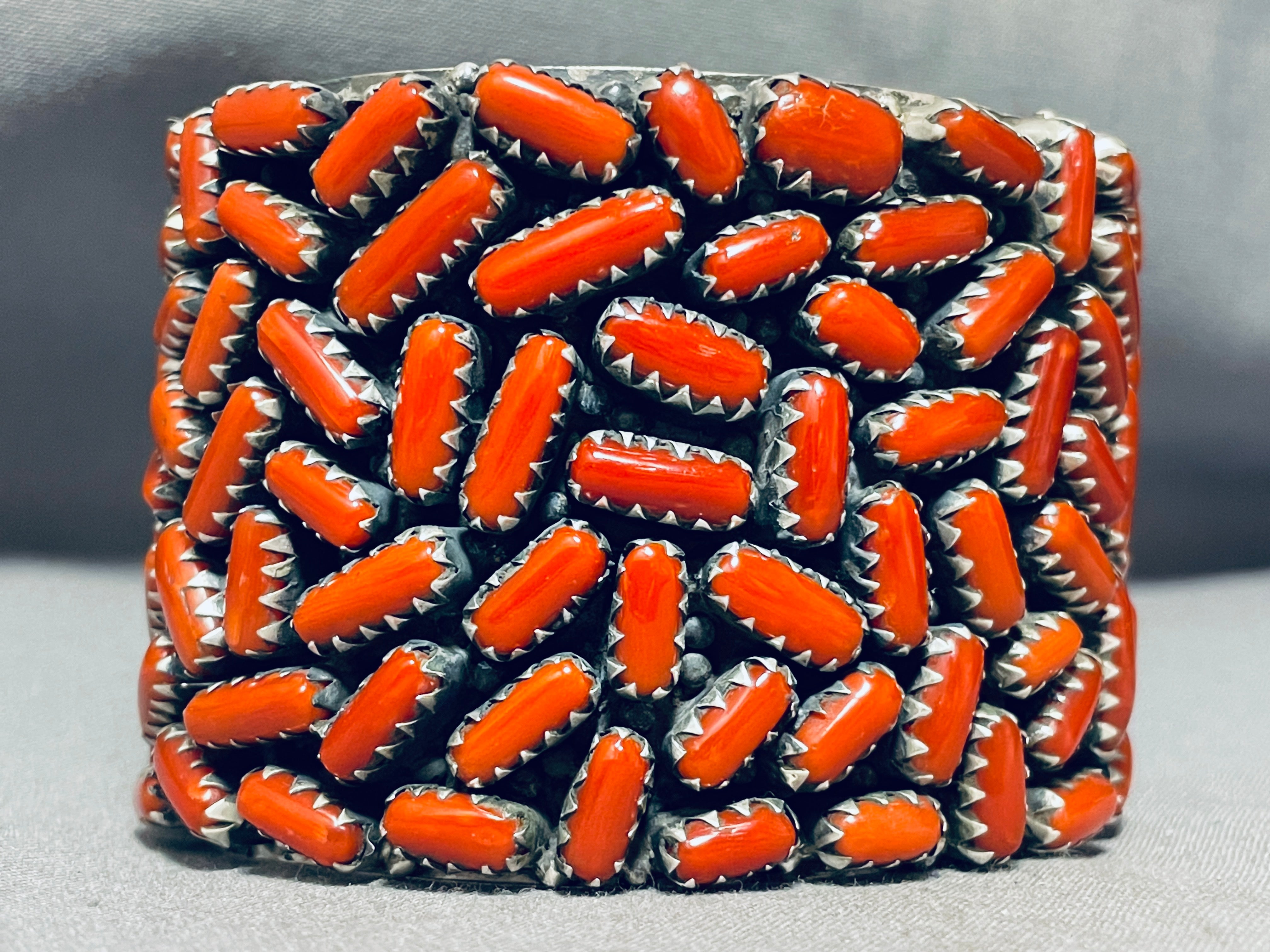 154 Gram Chunky Coral Native American Navajo Sterling Silver Wide Bracelet Cuff - Handmade Southwest Jewelry for Women, Boho Fashion Accessory, Perfect for Festivals & Special Occasions