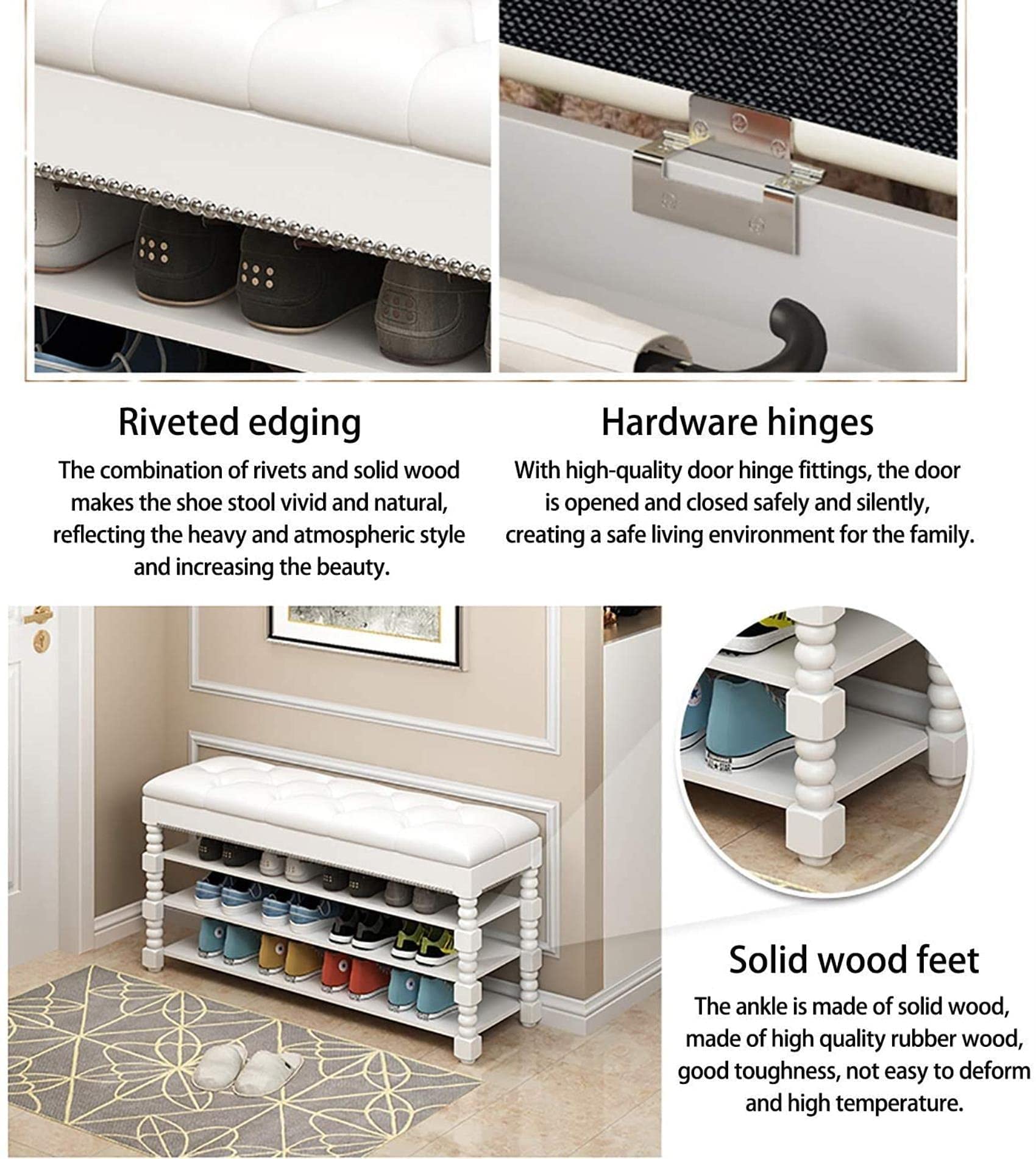Solid Wood Entryway Storage Bench with Shoe Rack - Multifunctional Foot Stool, Seat & Ottoman for Hallway, Living Room & Bedroom Organization