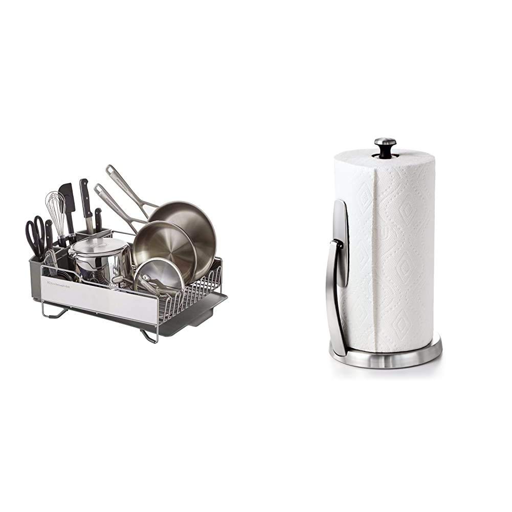 KitchenAid Large Capacity Dish Rack with OXO Good Grips SimplyTear Paper Towel Holder - Durable Stainless Steel Dish Drying Rack with Towel Dispenser for Kitchen Countertop Organization