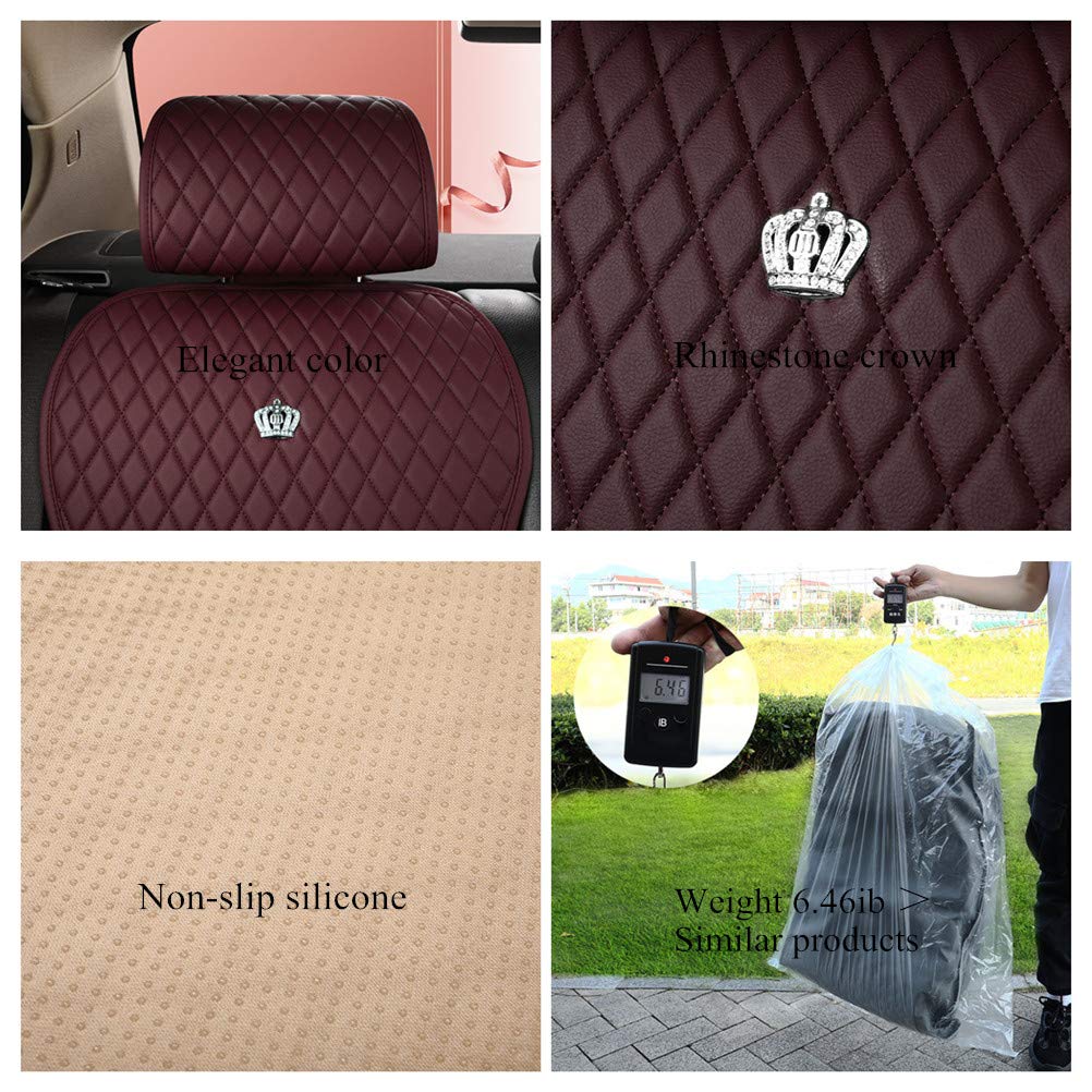 Premium Red Leather Universal Car Seat Covers - 11-Piece Set with Crown Design for Cars, SUVs & Trucks | Waterproof, Durable & Easy to Install | Perfect for Daily Commute, Road Trips & Vehicle Protection (Wine Red)