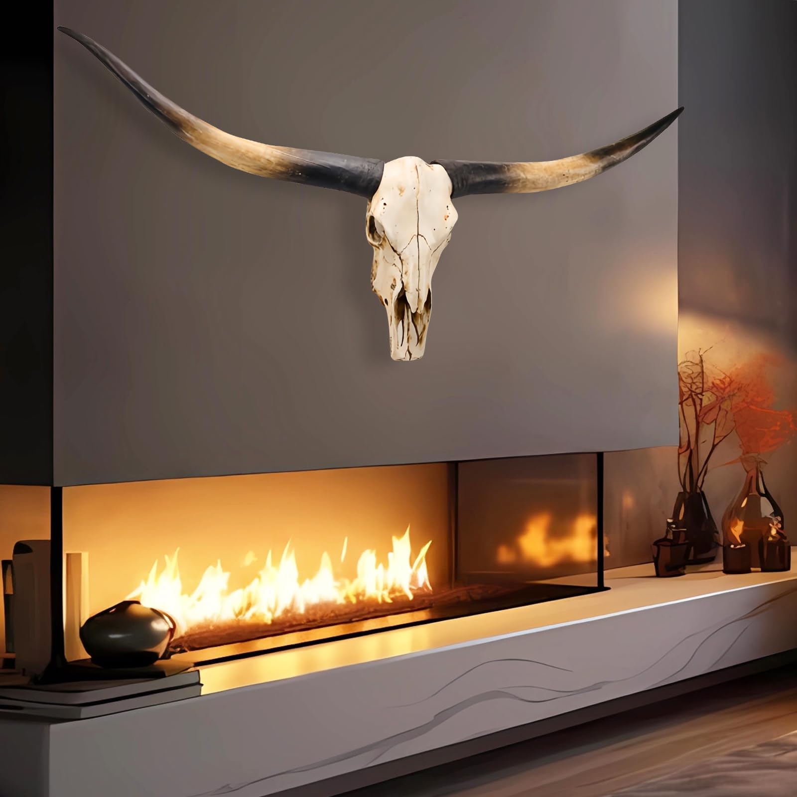 71-Inch Jumbo Brown Cow Skull Wall Decor - Longhorn Resin Skull Sculpture, Faux Taxidermy Head Art for Rustic Farmhouse & Western Style - Perfect for Living Room, Bedroom, Office, or Cabin Wall Hanging