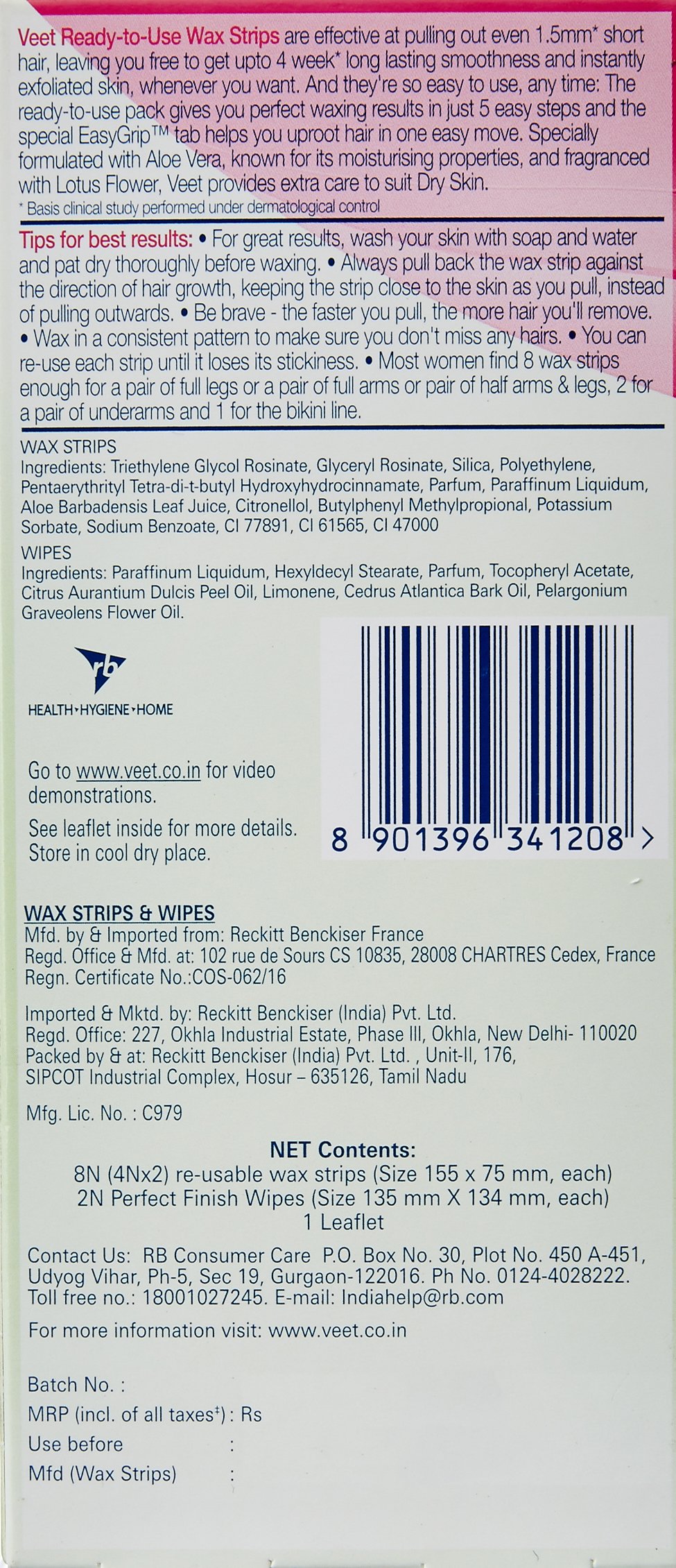 Veet Full Body Waxing Kit for Dry Skin - 8 Wax Strips with Soothing Aloe Vera - At-Home Hair Removal for Legs, Arms & Bikini Area - Gentle Formula for Sensitive Skin - Perfect for Pre-Vacation Smoothing & Quick Touch-Ups