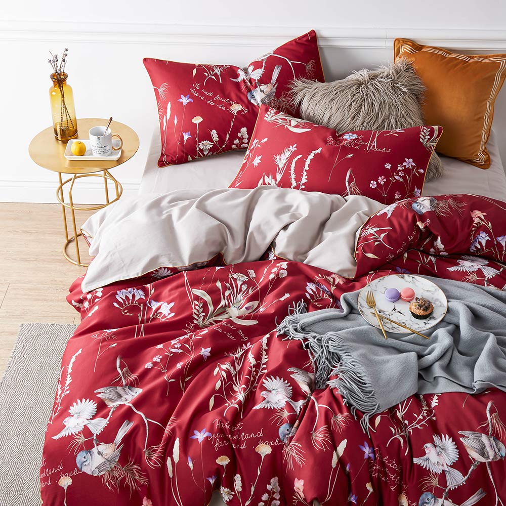 Mixinni King Size Duvet Cover Set - 100% Natural Long-Staple Cotton with Red Floral Birds & Leaves Print, 3-Piece Light Grey Bedding with Zipper Closure - Perfect for Master Bedroom, Guest Room & Cozy Home Decor