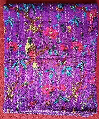 Handmade Indian Cotton Kantha Quilt - Reversible King Size 108x108 Inch Purple Bedspread with Bird Print | Boho Chic Throw Blanket for Bedroom Decor, Sofa Cover & Cozy Home Accent