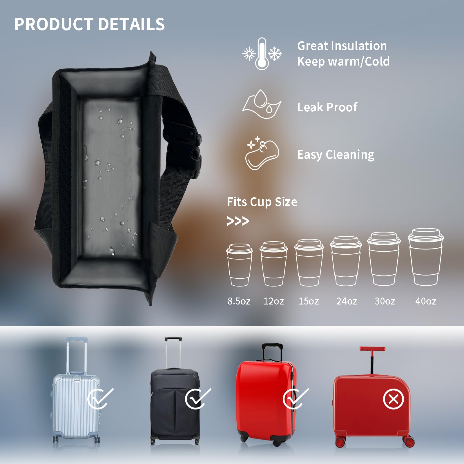 Premium Suitcase Cup Holder - Hands-Free Travel Drink Carrier for Luggage, Universal Handle Attachment, Durable Gray Travel Accessories - Perfect for Airports, Commuting & Vacations