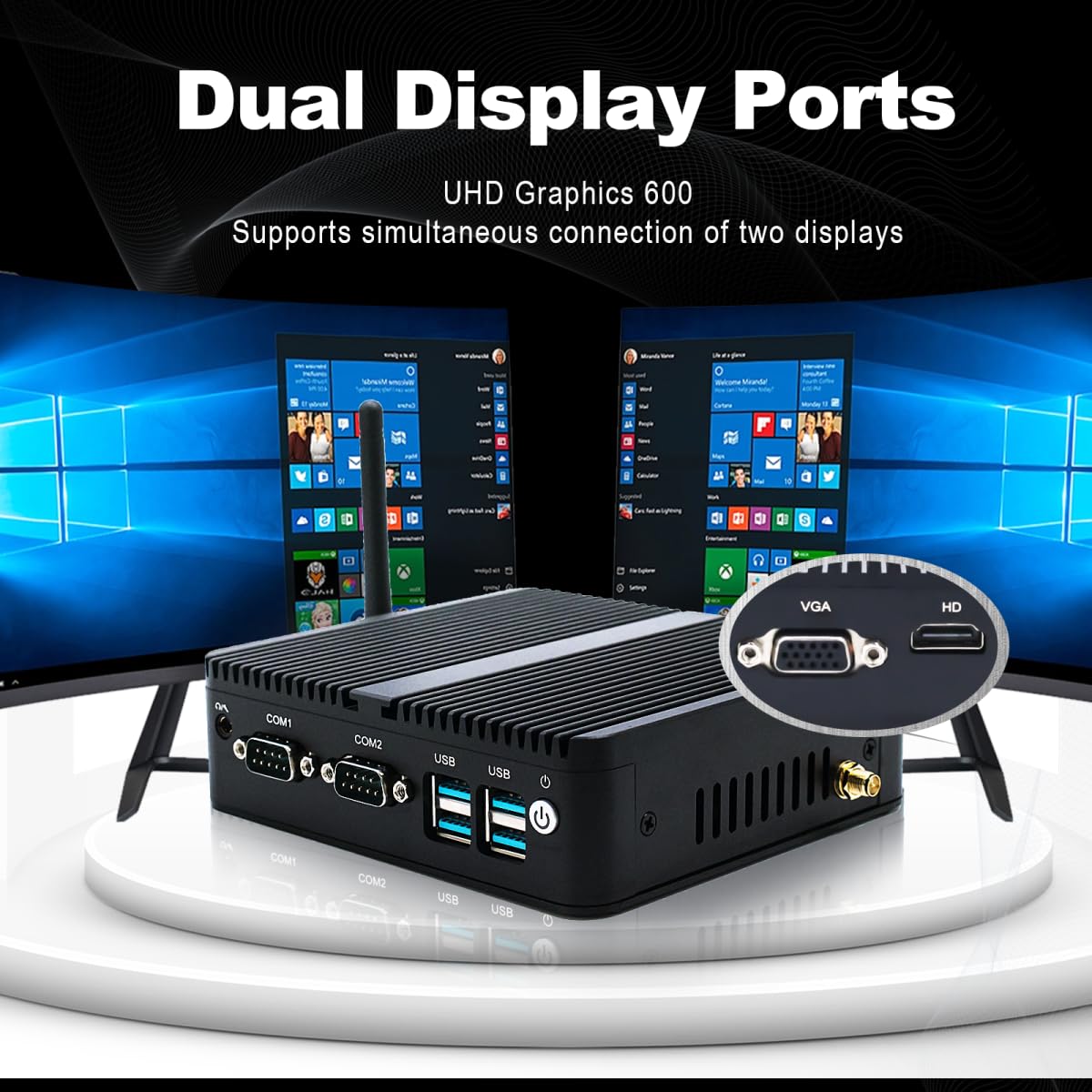 Fanless Mini PC with Intel Celeron J4125, 8GB DDR4 RAM, 512GB SSD, Dual LAN, Bluetooth, HD/VGA Ports, Windows 11 Pro - Compact Industrial Computer for Office, Home Theater, Digital Signage & IoT Applications