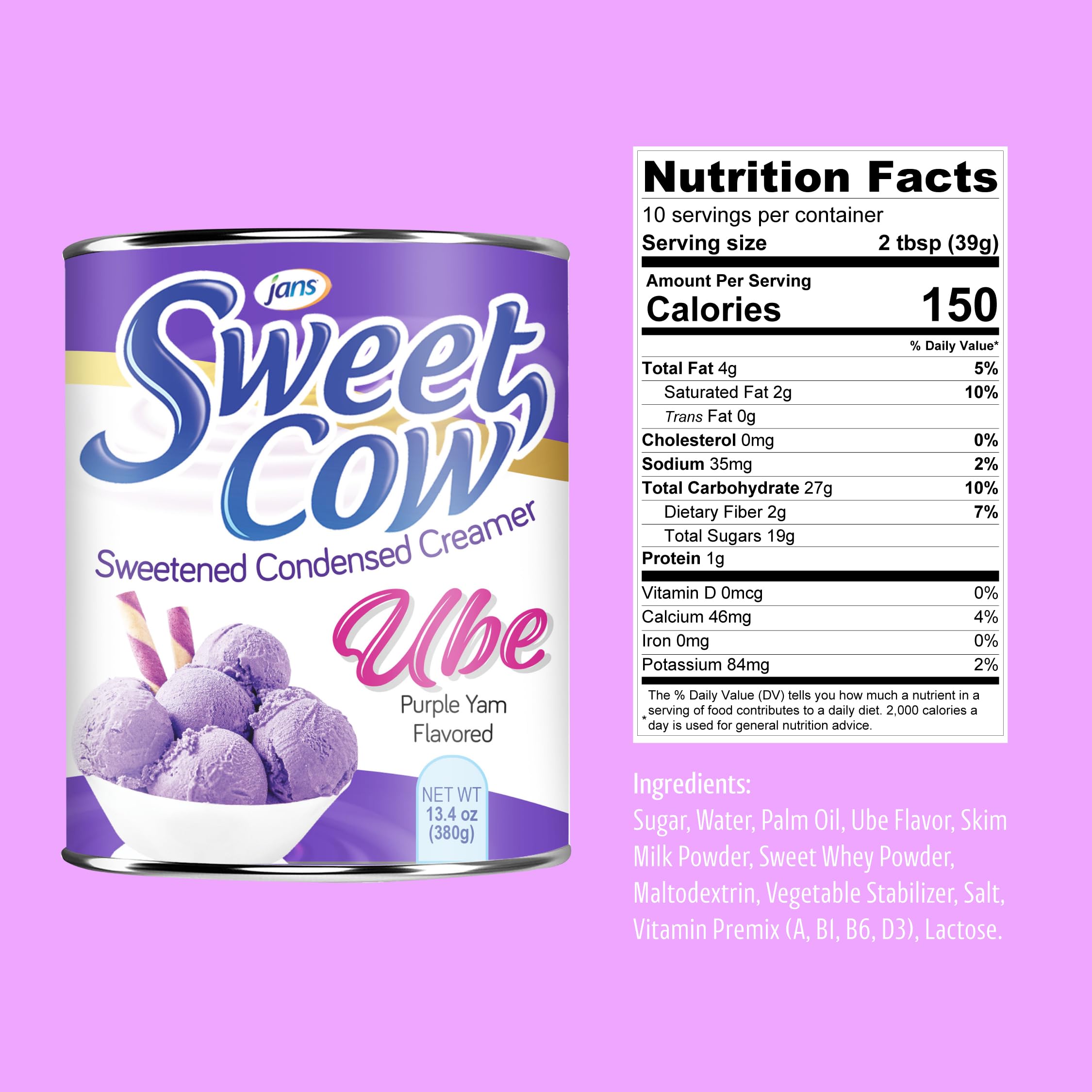 Jans Sweet Cow Ube Flavored Sweetened Condensed Creamer - 13.4oz (Pack of 2) - Purple Yam Milk for Baking, Cooking, Coffee & Desserts - Perfect for Ube Cake, Halo-Halo & Filipino Desserts