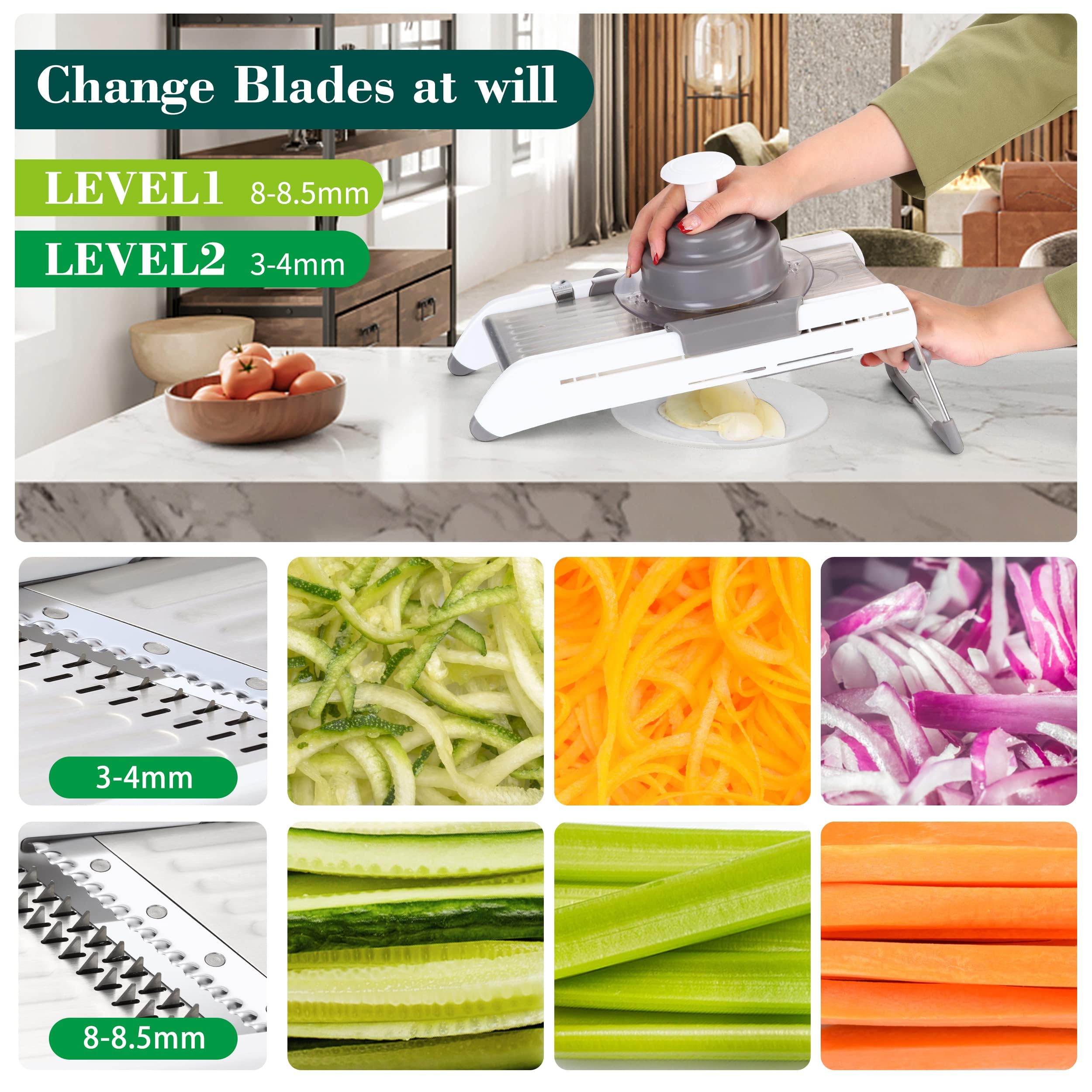 Adjustable Mandoline Slicer - Stainless Steel Vegetable & Fruit Slicer with 5 Blades | Kitchen Chopper for Potato, Onion, Carrot | Includes Waffle & French Fry Cutter | Perfect for Meal Prep, Salad Making & Healthy Cooking (White)