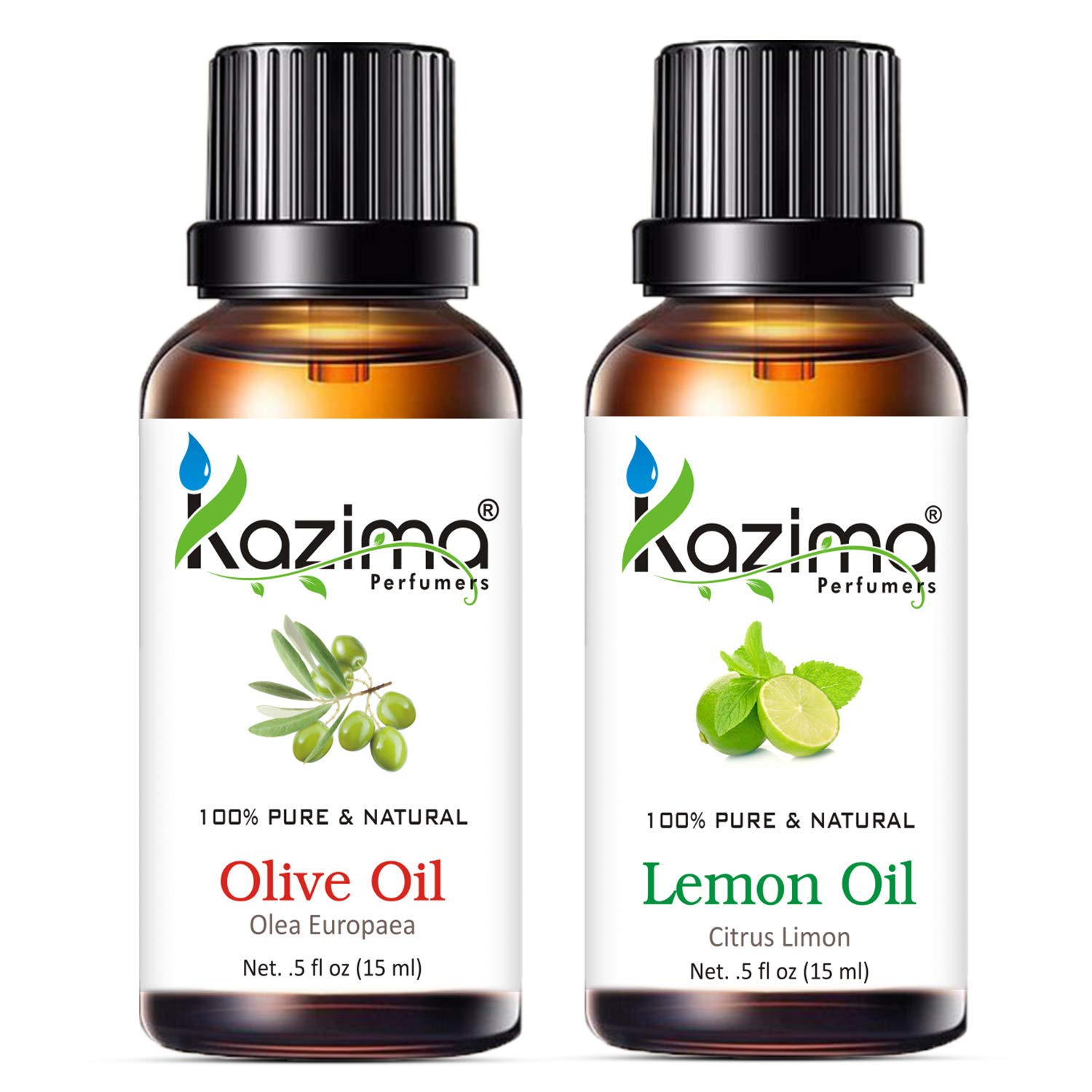 KAZIMA Olive Carrier Oil & Lemon Essential Oil Set - 100% Pure Natural for Skin Brightening, Moisturizing, Hair Growth & Massage - 15ml Each - Perfect for DIY Skincare, Aromatherapy & Home Spa Treatments