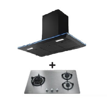 Ellane EH 2690 90cm Black Designer Chimney Range Hood + Ellane OS 812SV 86cm 3-Burner Stainless Steel Gas Cooktop - Modern Kitchen Ventilation & Cooking Combo for Home Chefs