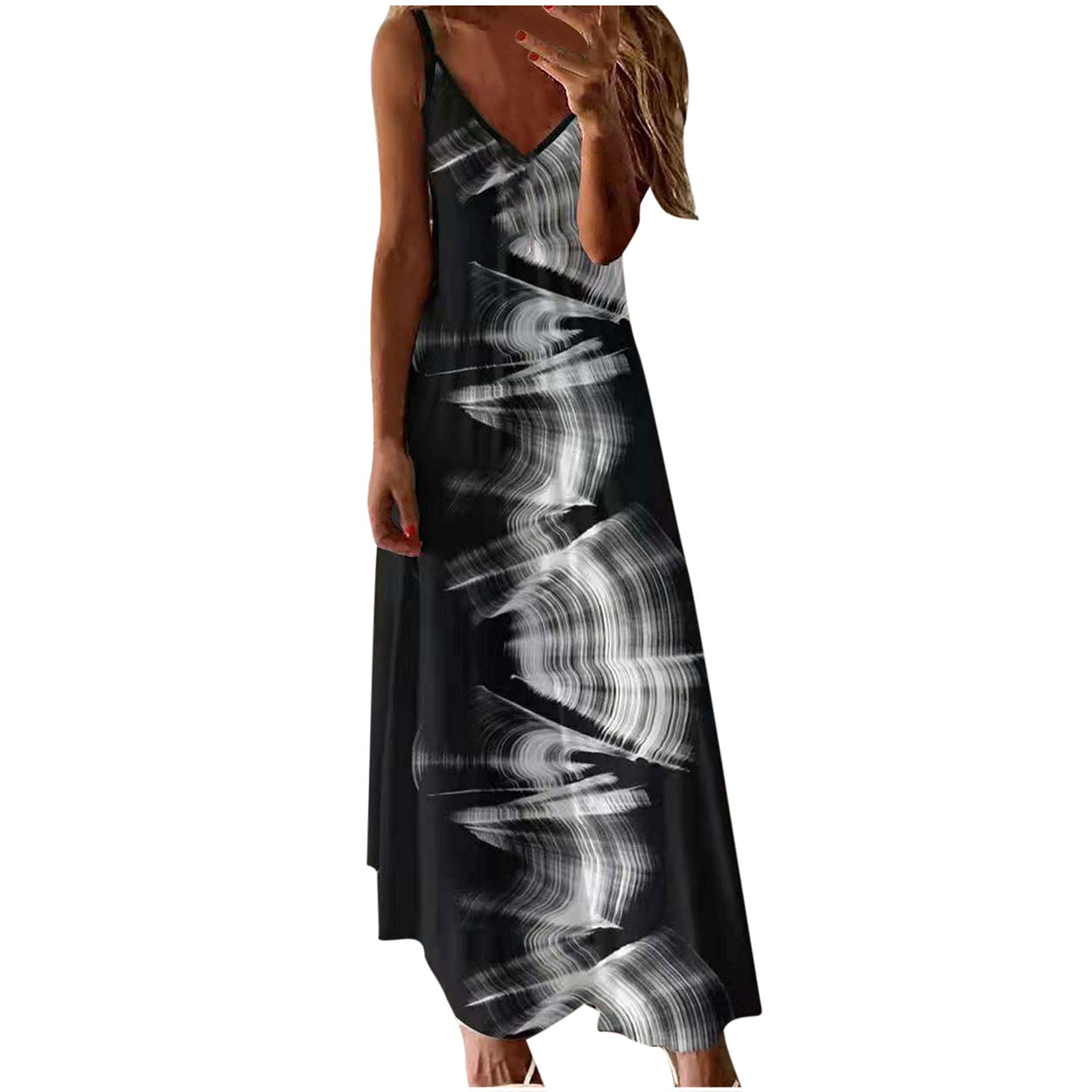 Women's Floral Printed Bohemian Spaghetti Strap Maxi Dress with Pockets - Summer Casual Long Cami Dress for Beach Vacation, Music Festival & Date Night