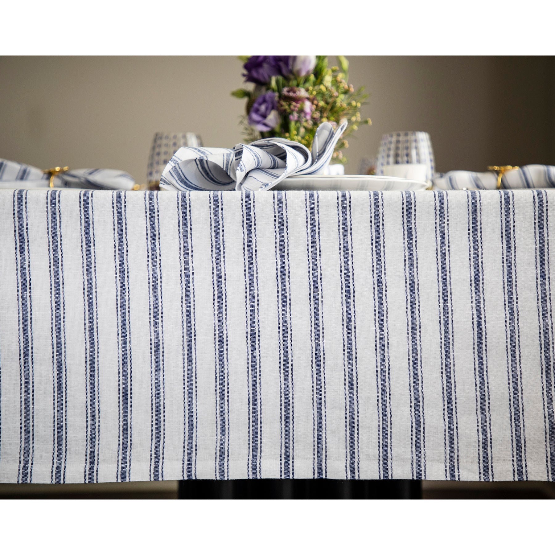 Stylish Capri Ticking Stripe Tablecloth - Waterproof & Washable Cotton Table Cover for Dining Room, Kitchen, and Outdoor Picnics
