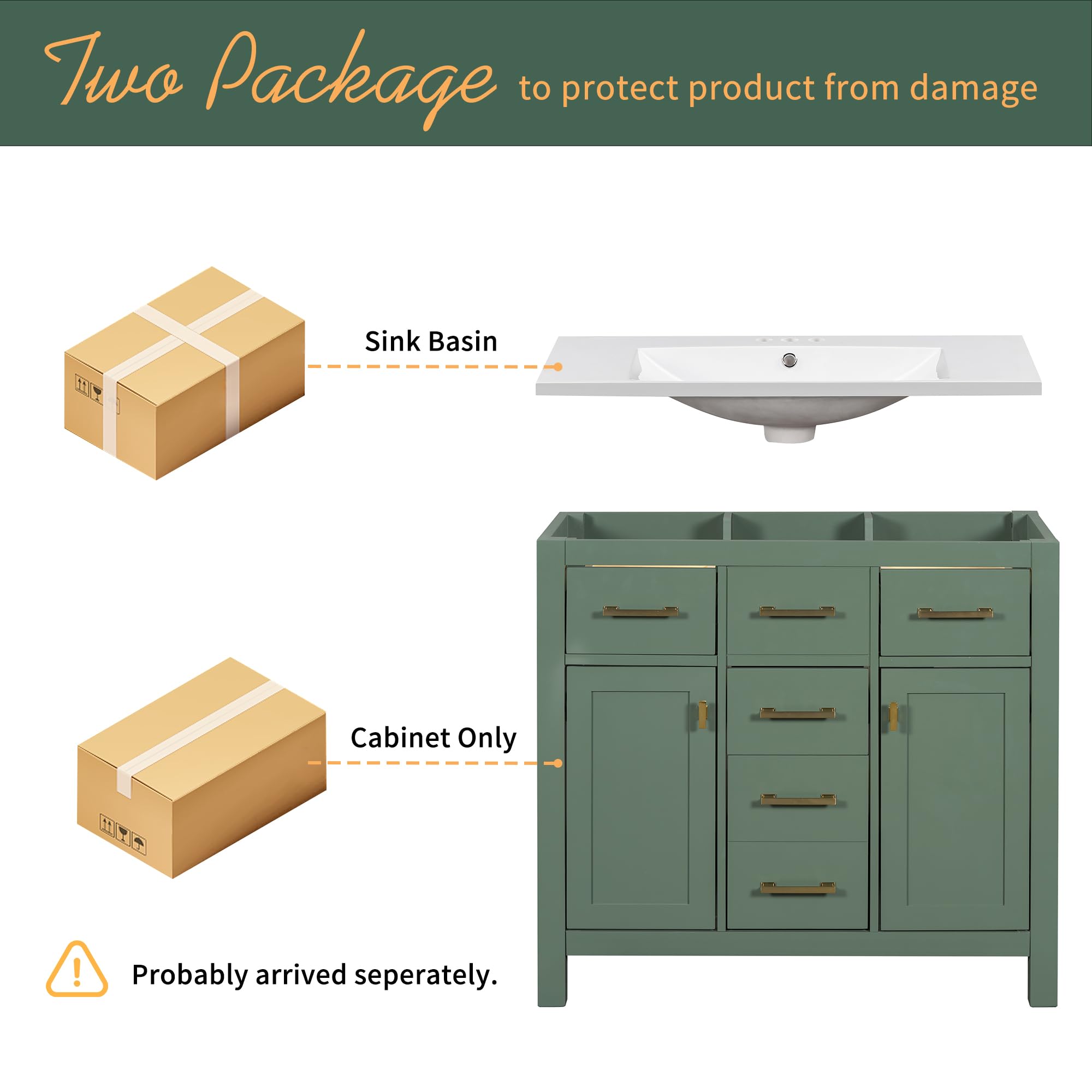 36 Inch Freestanding Bathroom Vanity with Undermount Resin Sink - Solid Wood Single Vanity with 4 Drawers & 2 Soft-Close Doors - Modern Green Bathroom Sink Cabinet for Small Bathrooms & Powder Rooms