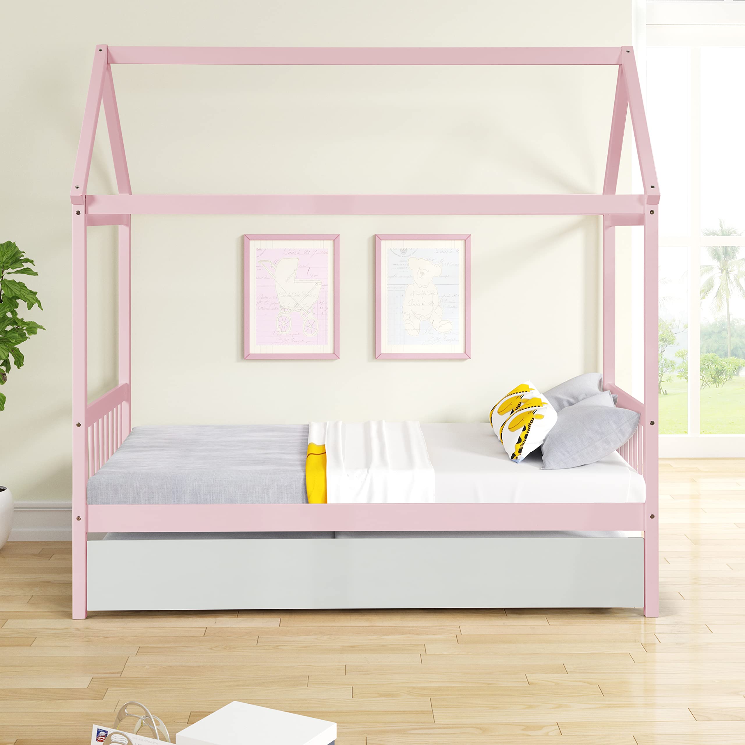 Twin Size House Bed with Trundle - Wooden Platform Bed Frame for Kids, Girls & Boys - Pink Children's Bedroom Furniture for Playtime & Sleepovers