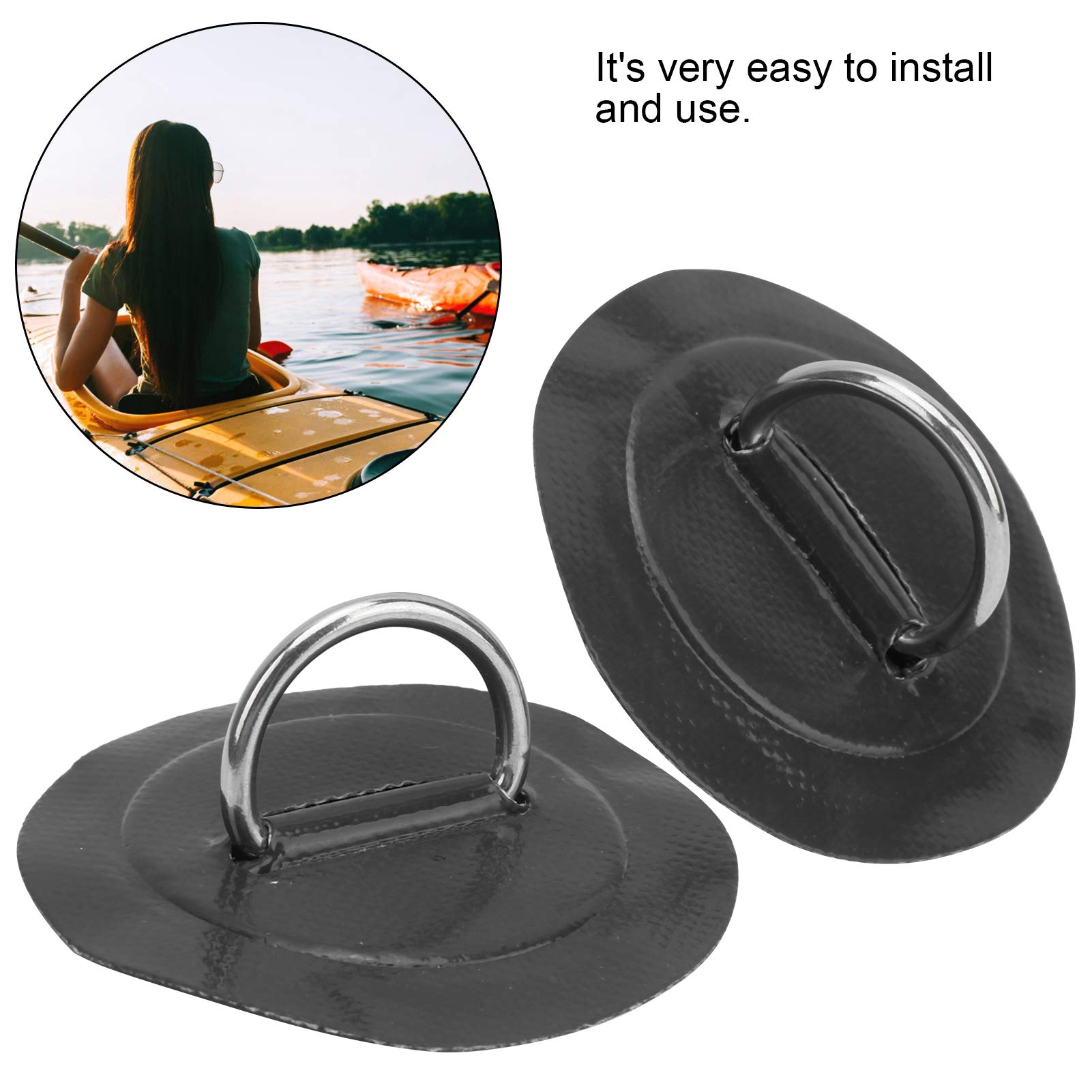 SUNGOOYUE 2-Pack Inflatable Boat D-Ring Patch - Heavy Duty PVC Marine Stainless Steel Buckle for Kayak, Raft, Dinghy - Perfect for Boat Repair & Watercraft Accessories (Black)