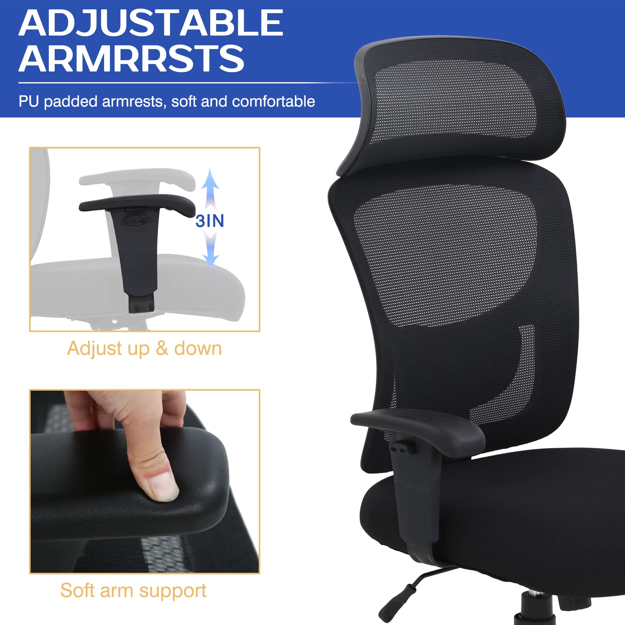 Big and Tall Office Chair - Heavy Duty 400lbs Capacity Ergonomic Executive Desk Chair with Adjustable Lumbar Support, Headrest & Armrests - High Back Mesh Computer Chair for Home & Office Workspaces (Black)