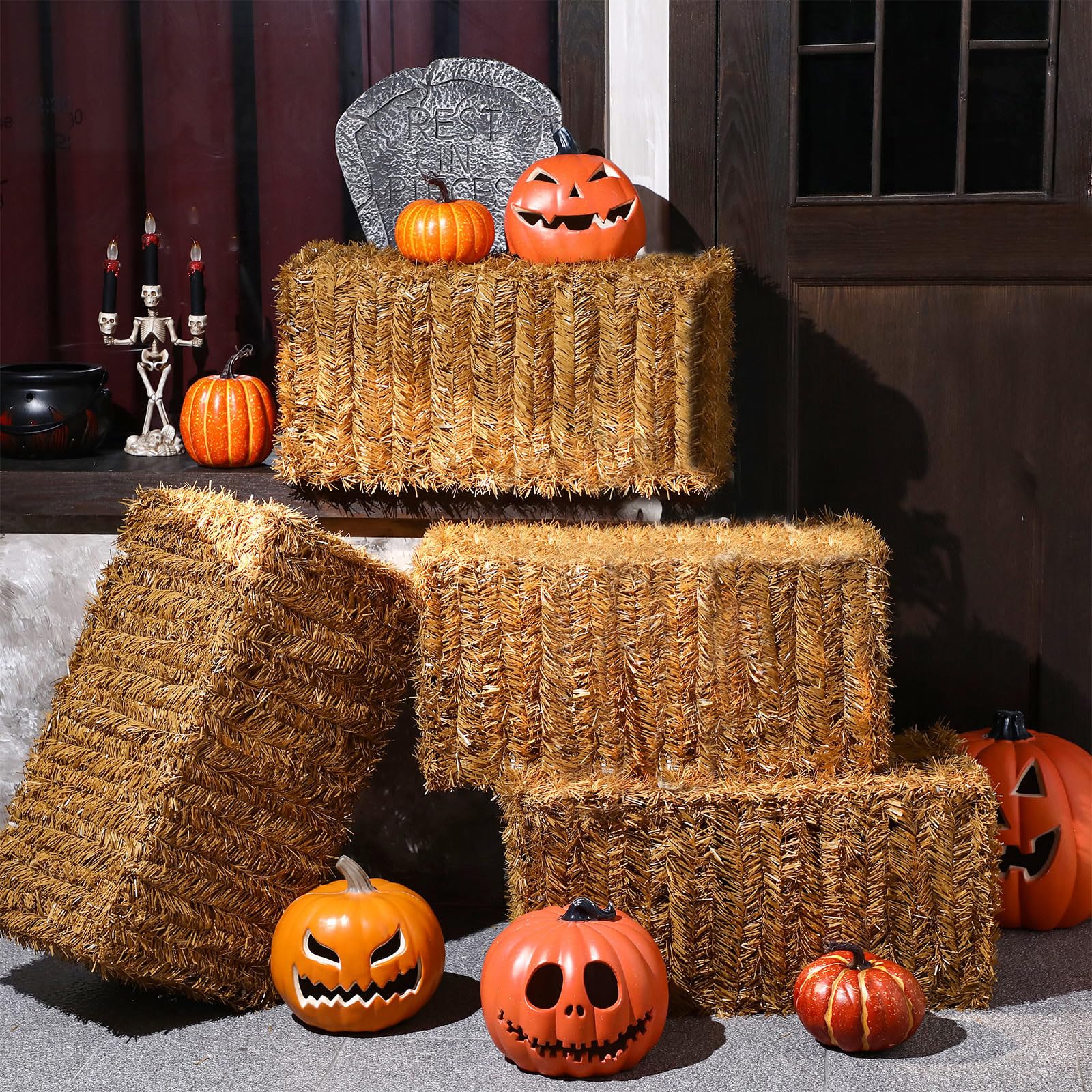 4 Pack Halloween Decorative Straw Bales - 24x12x12 Inch Foldable Fake Hay Stacks for Indoor Outdoor Party Decor - Waterproof & Reusable Halloween Photo Props - Perfect for Fall Harvest, Thanksgiving, and Halloween Party Decorations