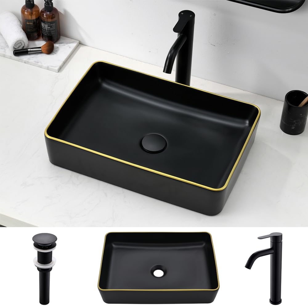 20x14 Inch Black & Gold Rectangular Ceramic Vessel Sink - Above Counter Bathroom Vanity Sink Basin with Modern Border Design | Perfect for Contemporary Bathrooms, Powder Rooms, and Luxury Home Renovations