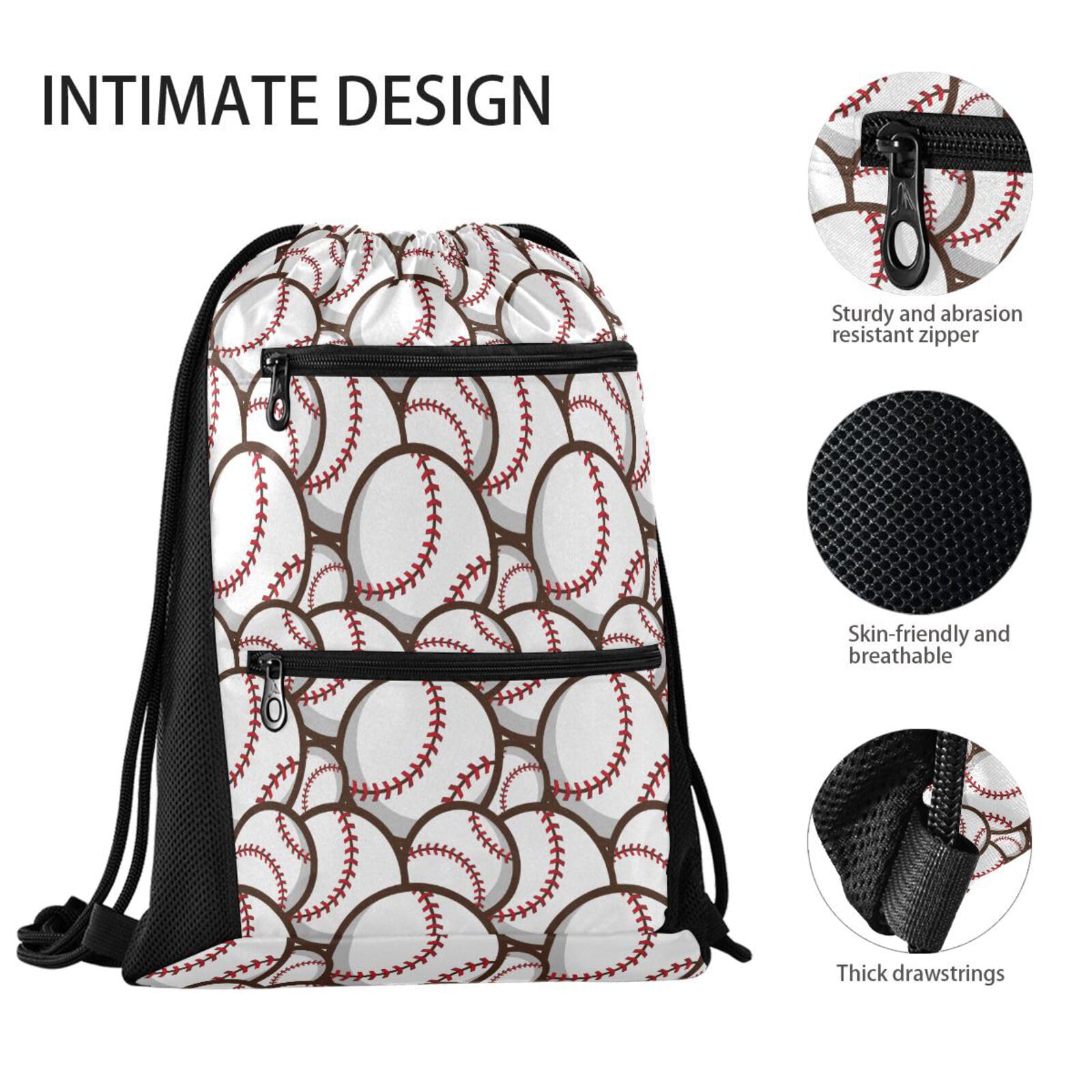 **NFMILI Large Baseball Drawstring Backpack - 13.8 x 18.5 Inch Water-Resistant Gym Sack with Zip Pocket for Men & Women - Perfect for Sports, Travel & Outdoor Activities (White)**