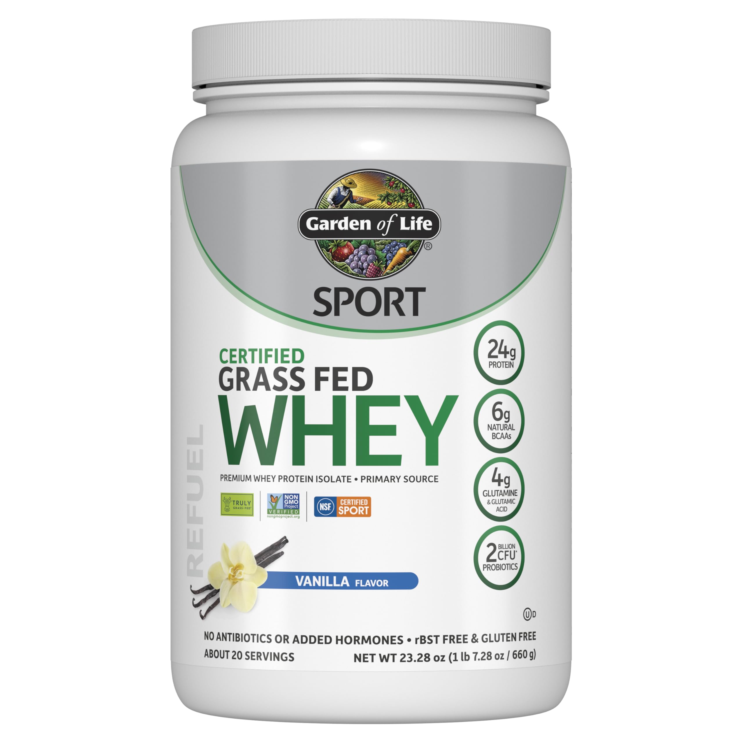 Garden Of Life Sport Whey Protein Powder - Grass Fed Vanilla Flavor, 23oz (652g) | Post-Workout Recovery & Muscle Building Supplement for Athletes