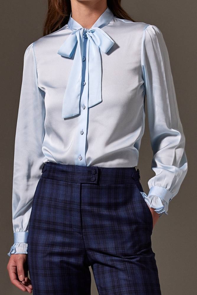Valeria Pussy Bow Blouse - Light Blue Silk Stretch Blouse for Women | Elegant Office Wear & Special Occasion Outfit