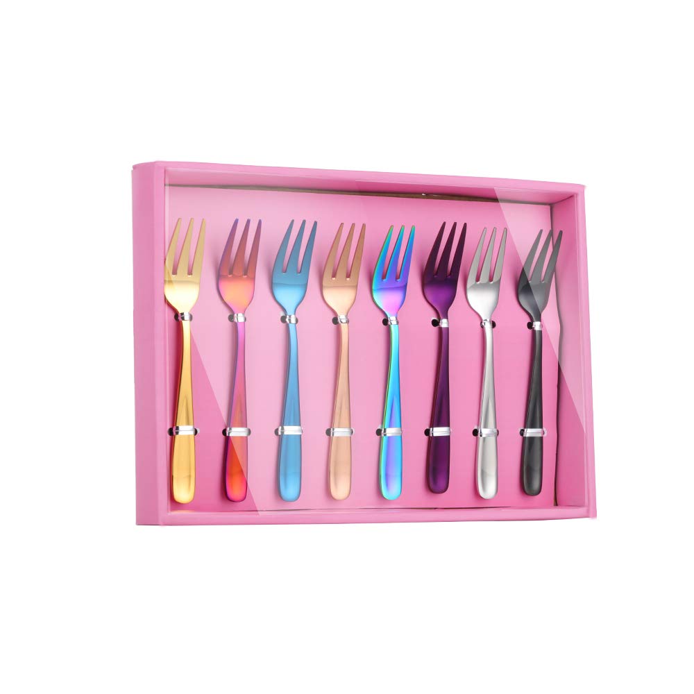 8-Piece Stainless Steel Dessert Forks Set - 18/10 Colorful Cake Forks (5.4 Inch) for Parties, Weddings & Bridal Showers - Includes Pink Gift Box - Perfect for Birthday Celebrations, Afternoon Tea & Dessert Buffets