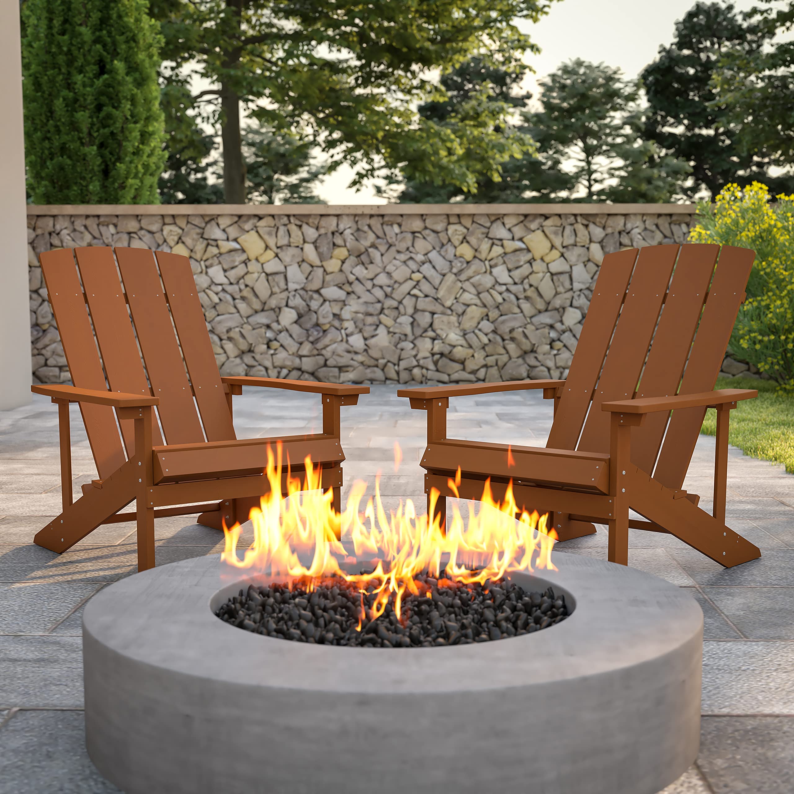 Premium Poly Resin Adirondack Chair Set of 2 - All-Weather Teak Finish - Indoor & Outdoor Patio Furniture for Garden, Poolside, Deck, and Backyard Relaxation