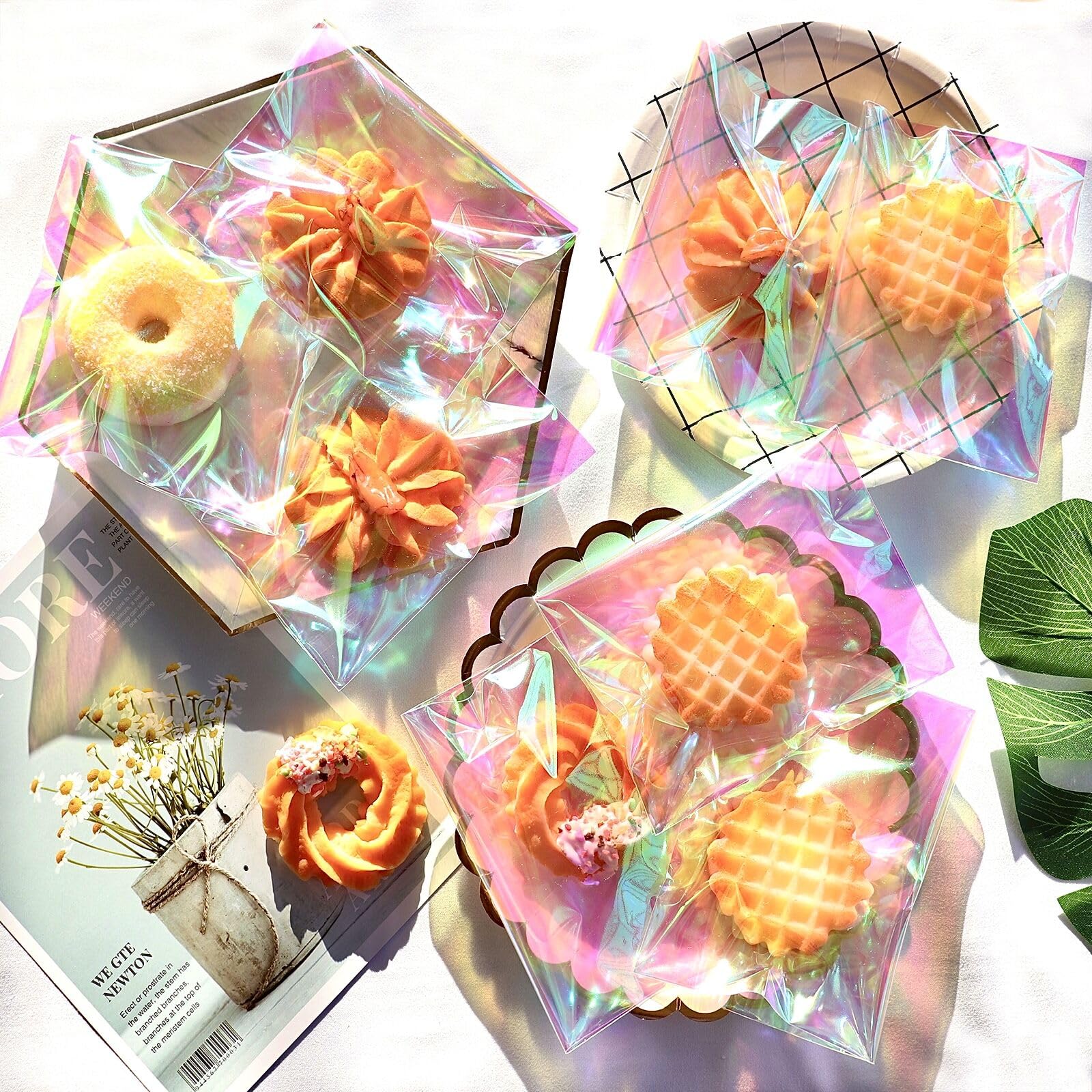 Self-Sealing Iridescent Cellophane Bags 5x6 Inches - 100 Pack Resealable Treat Bags for Cookies, Candies & Bakery Goods | Perfect for Gift Wrapping, Party Favors, Wedding Treats & Holiday Packaging