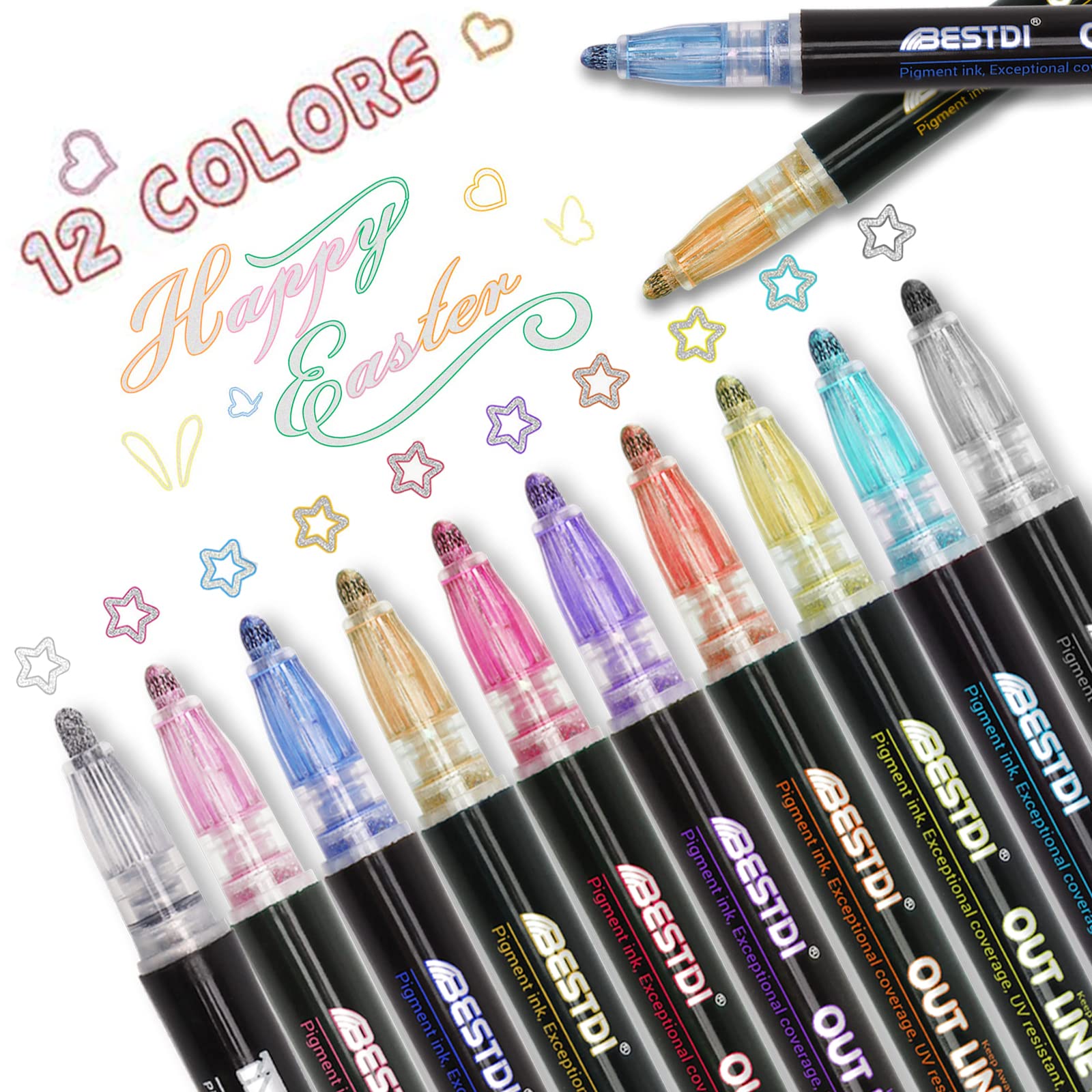 Shimmer Marker Set - 12 Colors Metallic Outline Pens for Gift Card Writing, Drawing, DIY Art Crafts | Perfect for Birthday Cards, Greeting Cards, Painting & Christmas Gifts - Ideal for Scrapbooking, Journaling, and Holiday Decorations