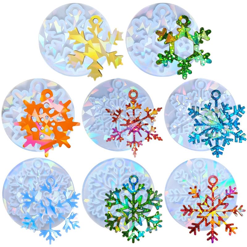 8pcs Holographic Christmas Snowflake Silicone Molds for Epoxy Resin Casting - DIY Holiday Ornament Making Kit for Christmas Tree Decorations & Festive Craft Projects