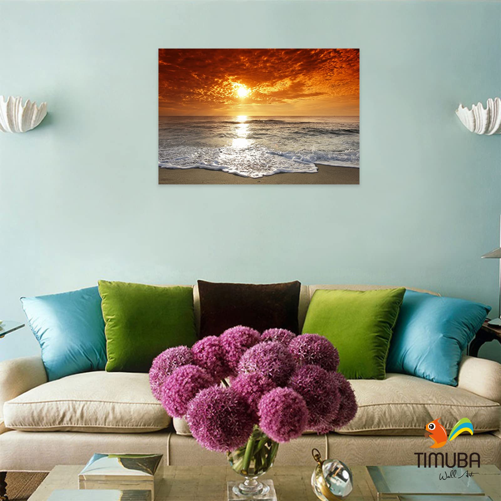 Beach Wall Art Decor - 32x48 Inches Ocean Sunset Landscape Pictures for Bathroom, Bedroom & Living Room - Coastal Themed Home Decor for Beach House, Vacation Rental & Relaxing Spaces