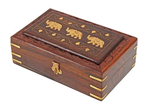 Hand Carved Wooden Jewelry Box with Elephant Brass Inlay & Velvet Lining - Christmas Thanksgiving Gift for Women, Jewelry Organizer for Necklaces Rings Earrings - Perfect for Home Decor, Wedding Gift & Keepsake Storage
