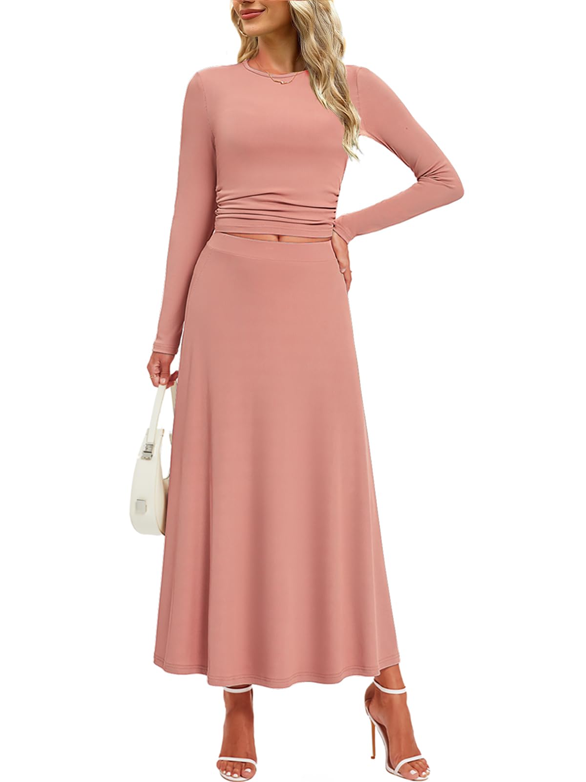 Women's 2 Piece Outfits - Ribbed Knit Two Piece Skirt Set with Long Sleeve Ruched Crop Top & Flowy Maxi Skirt | Casual Wear, Date Night, Office Outfit, Fall Fashion