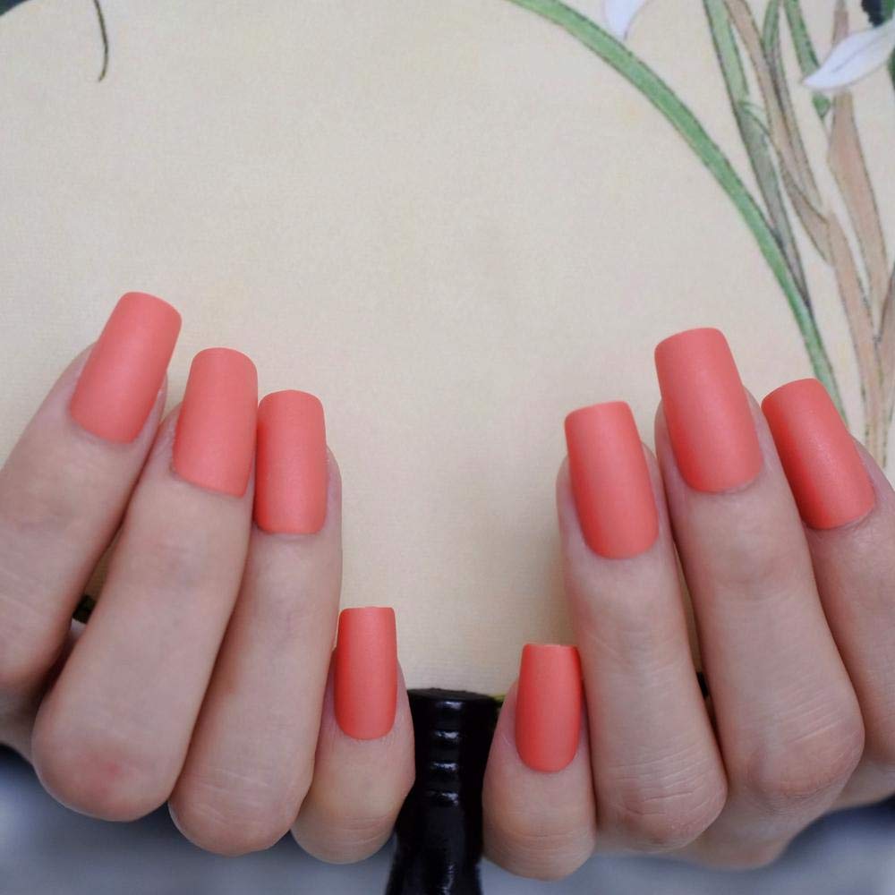 TMHH Square Long Thick False Nails - Coral Red Press-On Nails with Ultra-Thin Scrub Design for Easy Application | Perfect for Parties, Weddings, and Special Occasions
