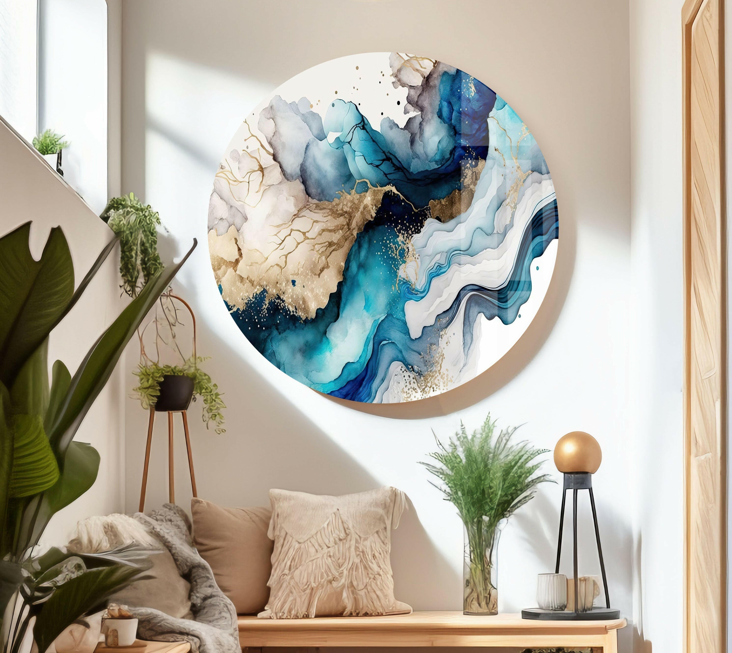Blue and Gold Fluid Abstract Glass Wall Art - Modern Handmade Home Decor for Living Room, Bedroom, Office | Unique Gift Idea for Housewarming, Wedding