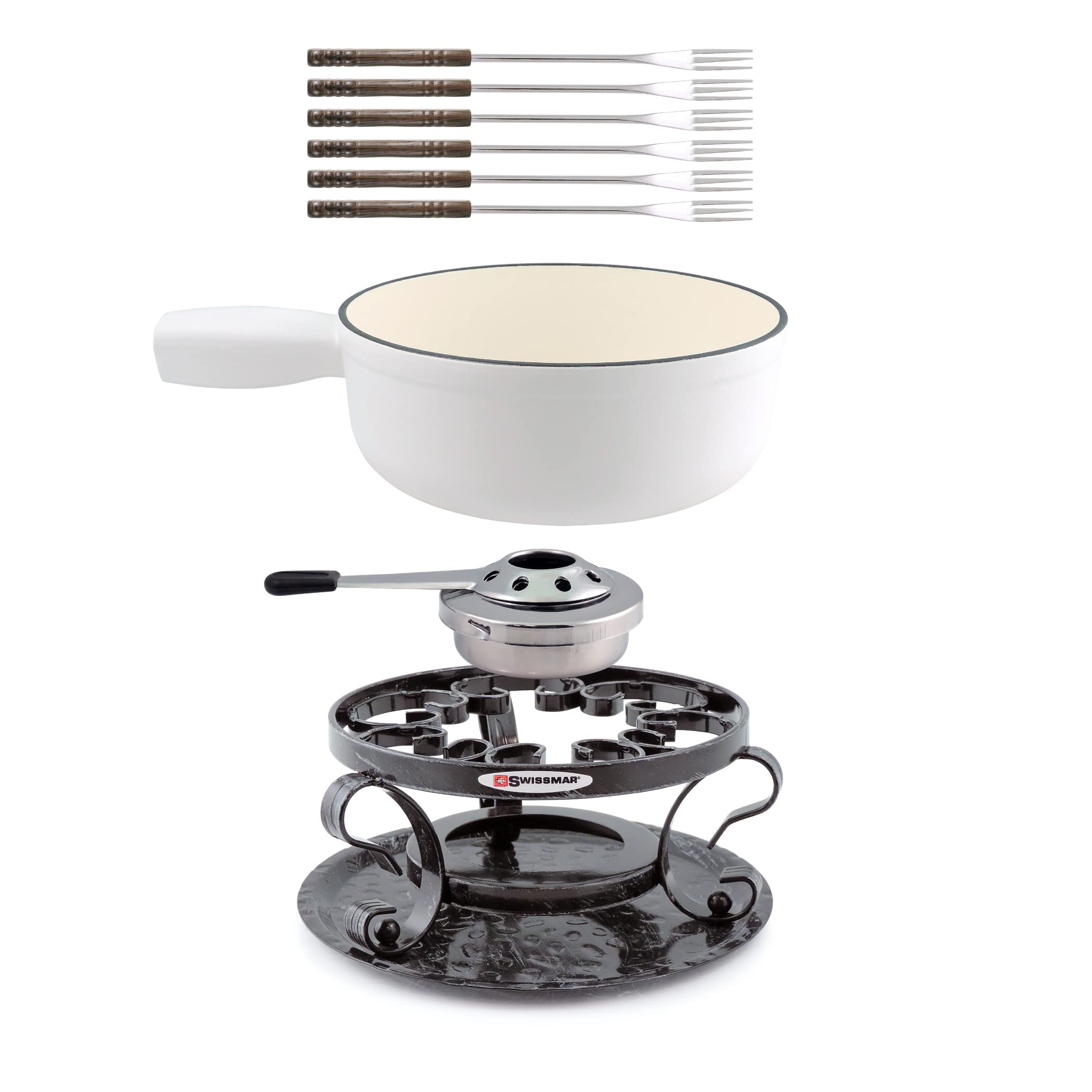 Swissmar Lugano 9-Piece Cast Iron Fondue Set - Matte White | Premium Cheese & Chocolate Fondue Pot for Parties, Romantic Dinners & Family Gatherings