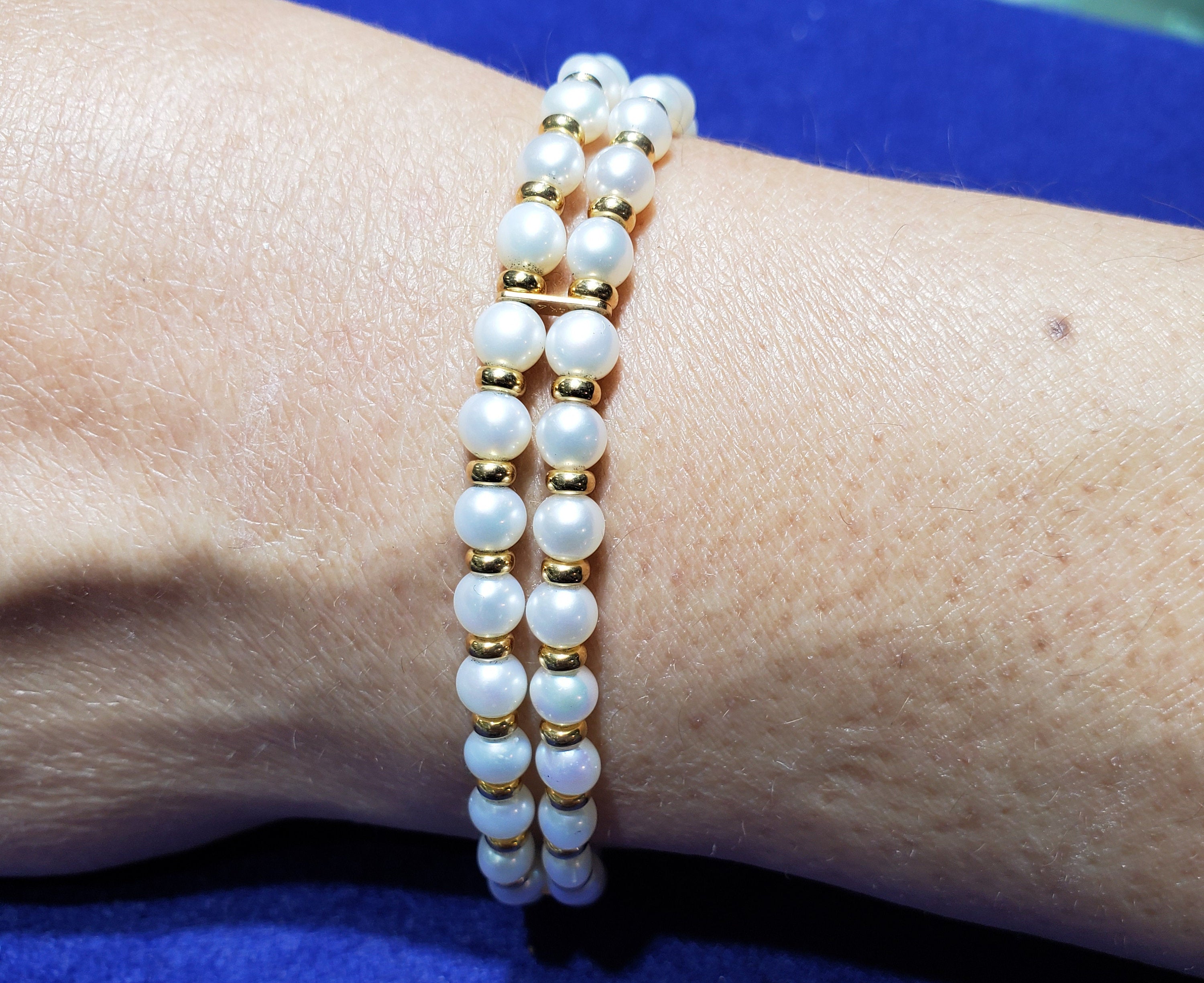 Double Row Cultured Pearl Bracelet 14k Yellow Gold - Elegant Pearl Jewelry for Women, Perfect for Weddings, Parties & Special Occasions