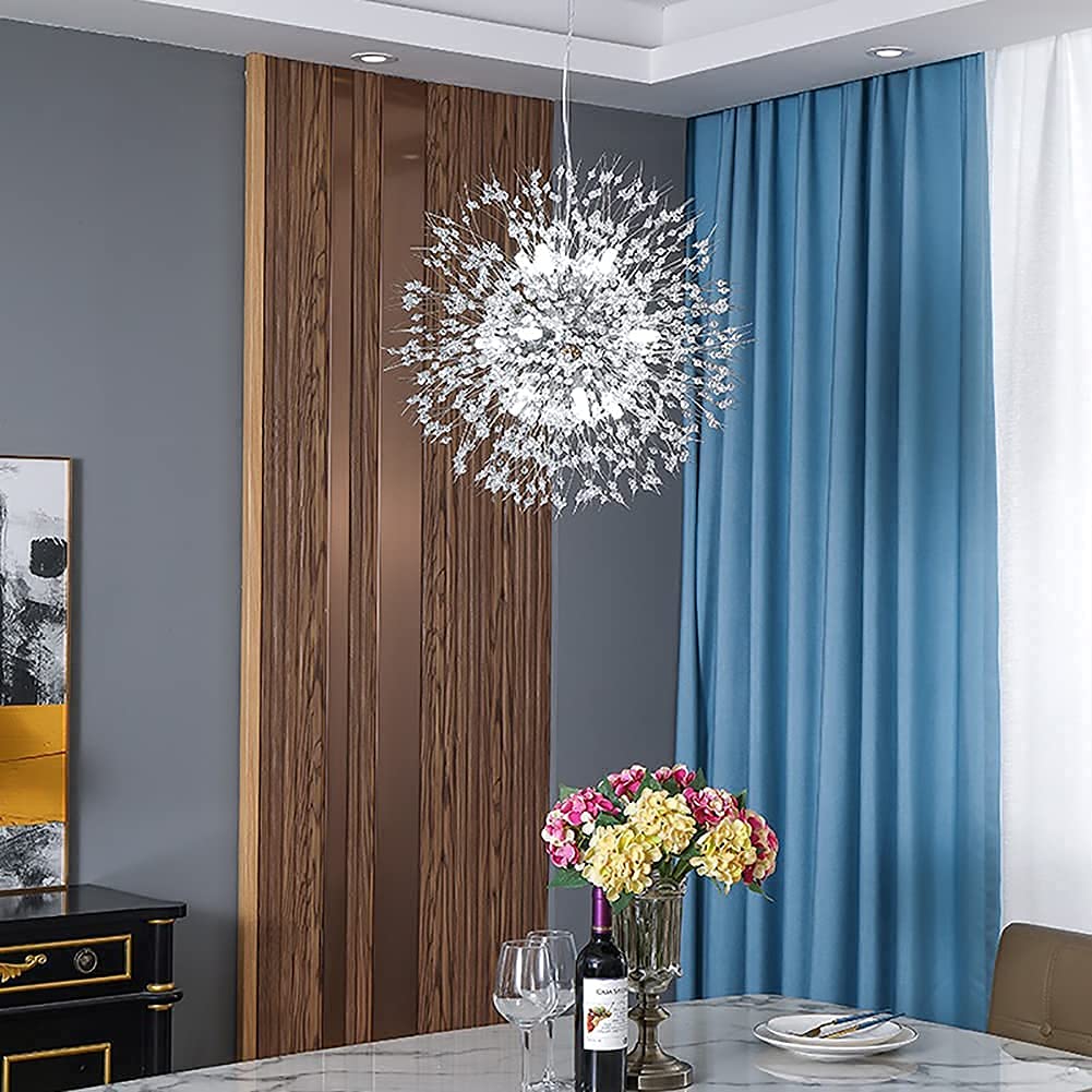 16-Light Modern Chrome Round Firework Pendant Chandelier - Dandelion Crystal Ceiling Light Fixture for Dining Room, Bedroom, Living Room | Elegant Lighting for Home Decor, Wedding Venues & Luxury Spaces