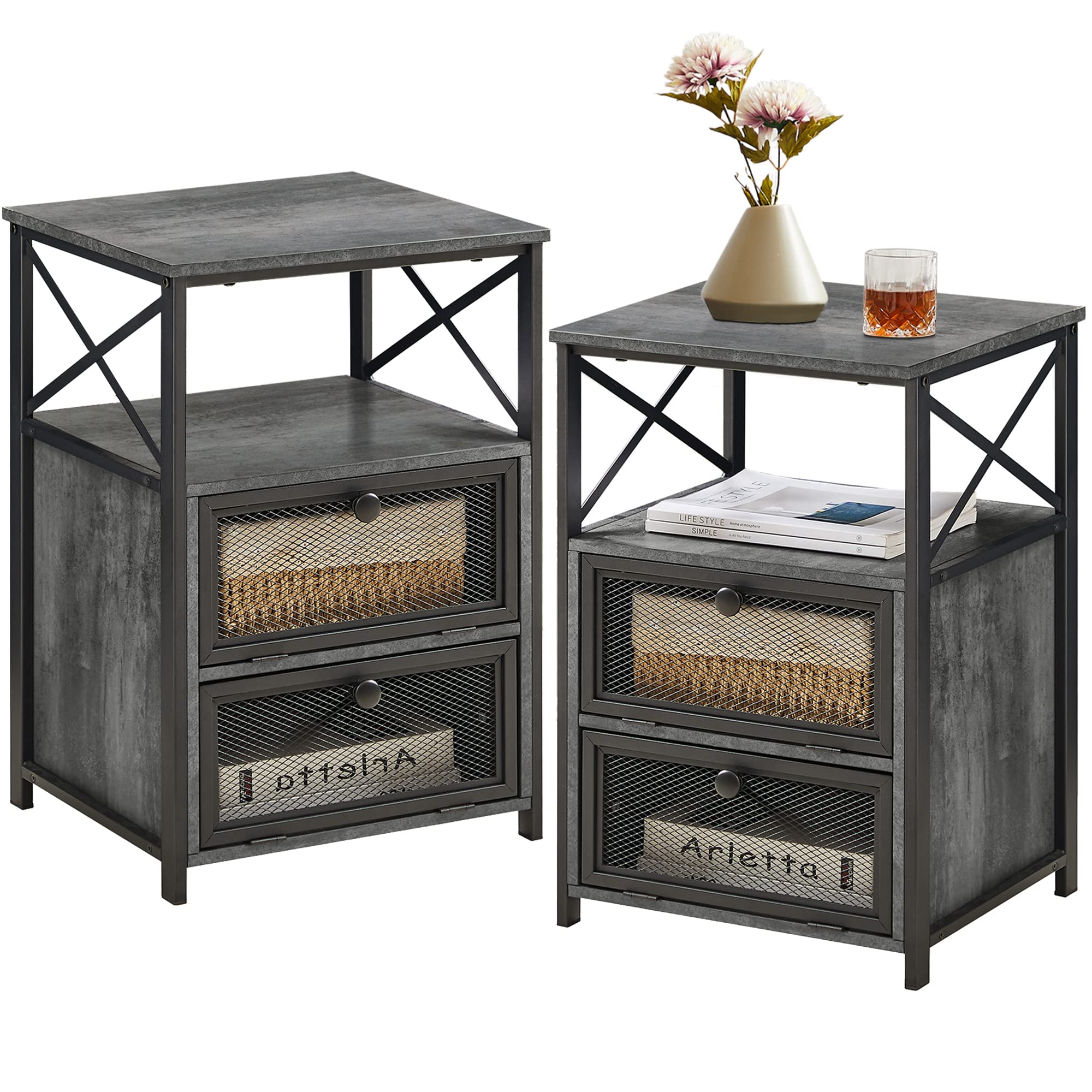 VECELO Modern Night Stand with Storage & Flip Drawers - 2-Pack Charcoal Grey End Tables for Bedroom, Living Room, Lounge | Space-Saving Nightstand with Door for Small Spaces & Apartment Decor