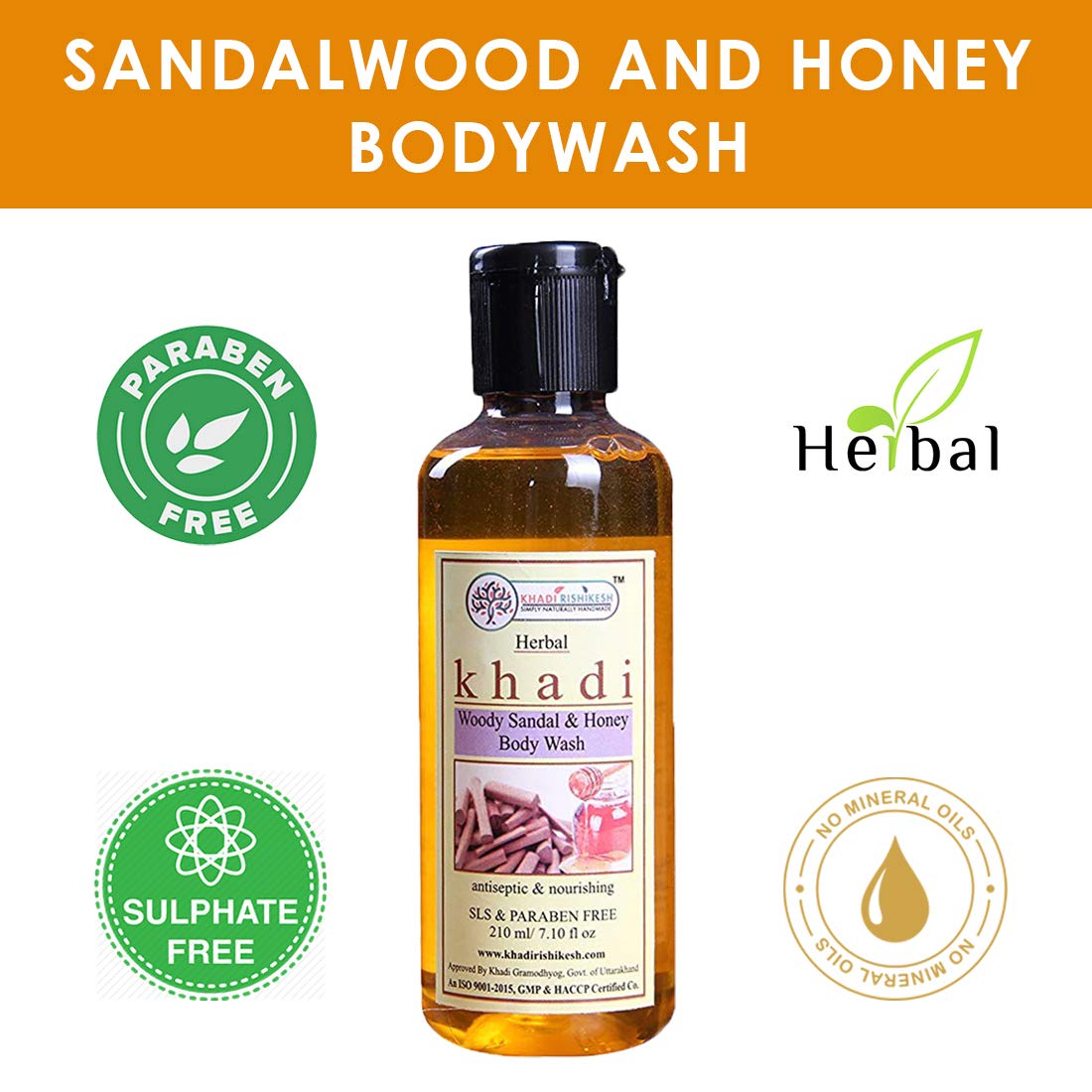 KHADI RISHIKESH Herbal Sandalwood & Honey Body Wash - 210ml | Natural Ayurvedic Cleanser for Dry & Sensitive Skin | Perfect for Daily Shower & Spa Relaxation
