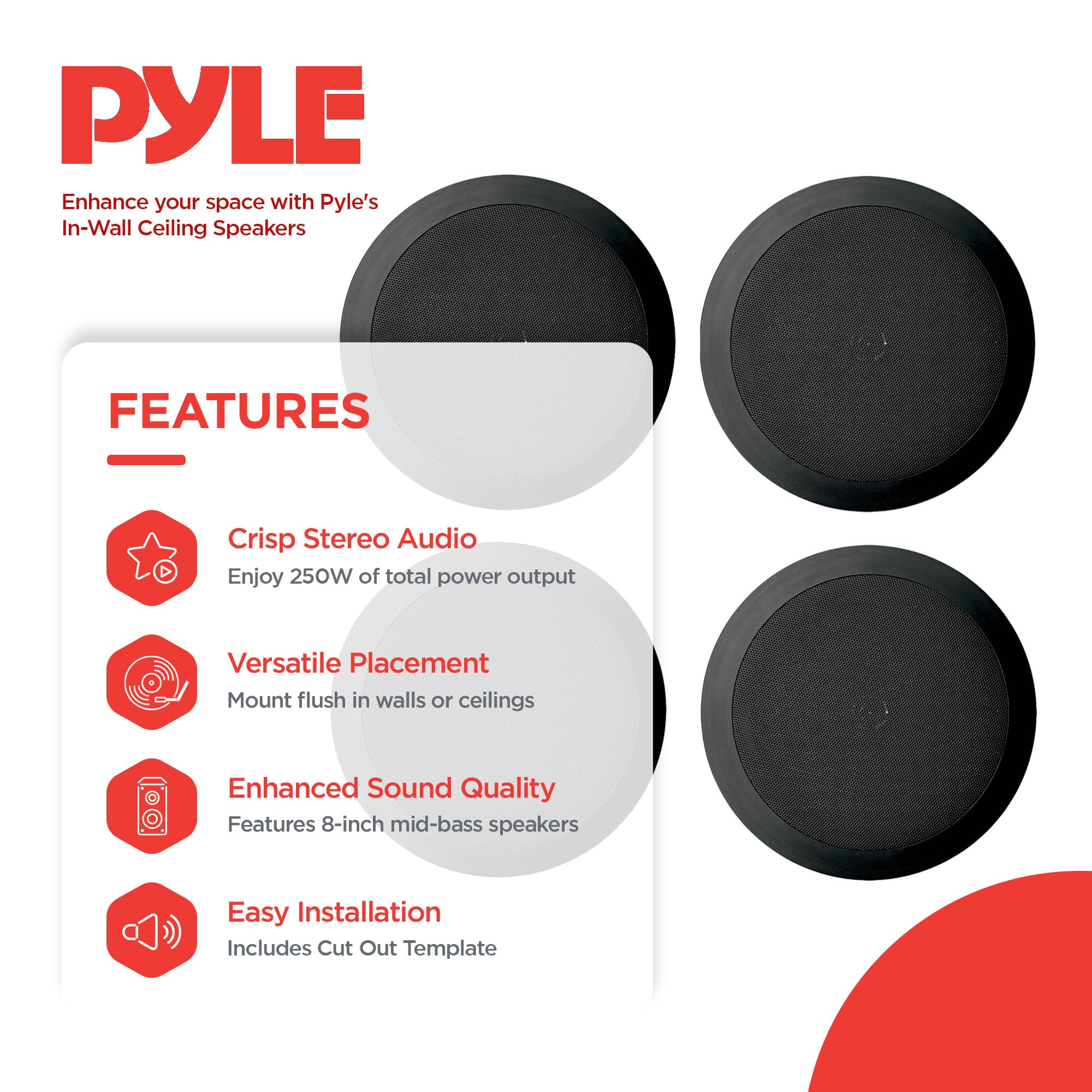 Pyle PDIC81RDBK 8 Inch 250W Flush Mount In-Wall & In-Ceiling Black Speakers - 2 Way Stereo Sound for Home Theater, Surround Sound & Custom Installations - Set of 4