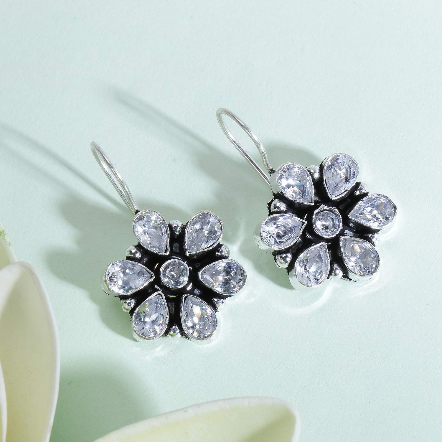 Oxidized Silver Floral Drop Earrings for Women – White Stone Studded Traditional German Silver Jewelry | Elegant Yellow Chimes Dangle Earrings for Girls & Women | Perfect Birthday Gift, Anniversary Present for Wife | Ideal for Parties, Weddings & Casual Wear